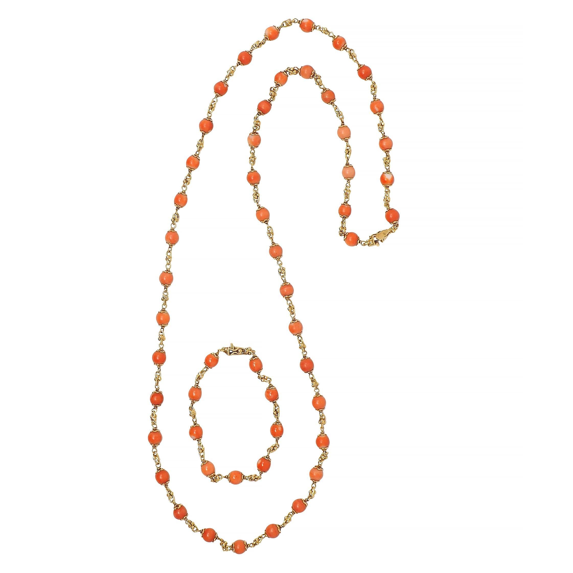 French Coral 18 Karat Yellow Gold Vintage Beaded Chain Link Bracelet & Necklace 13