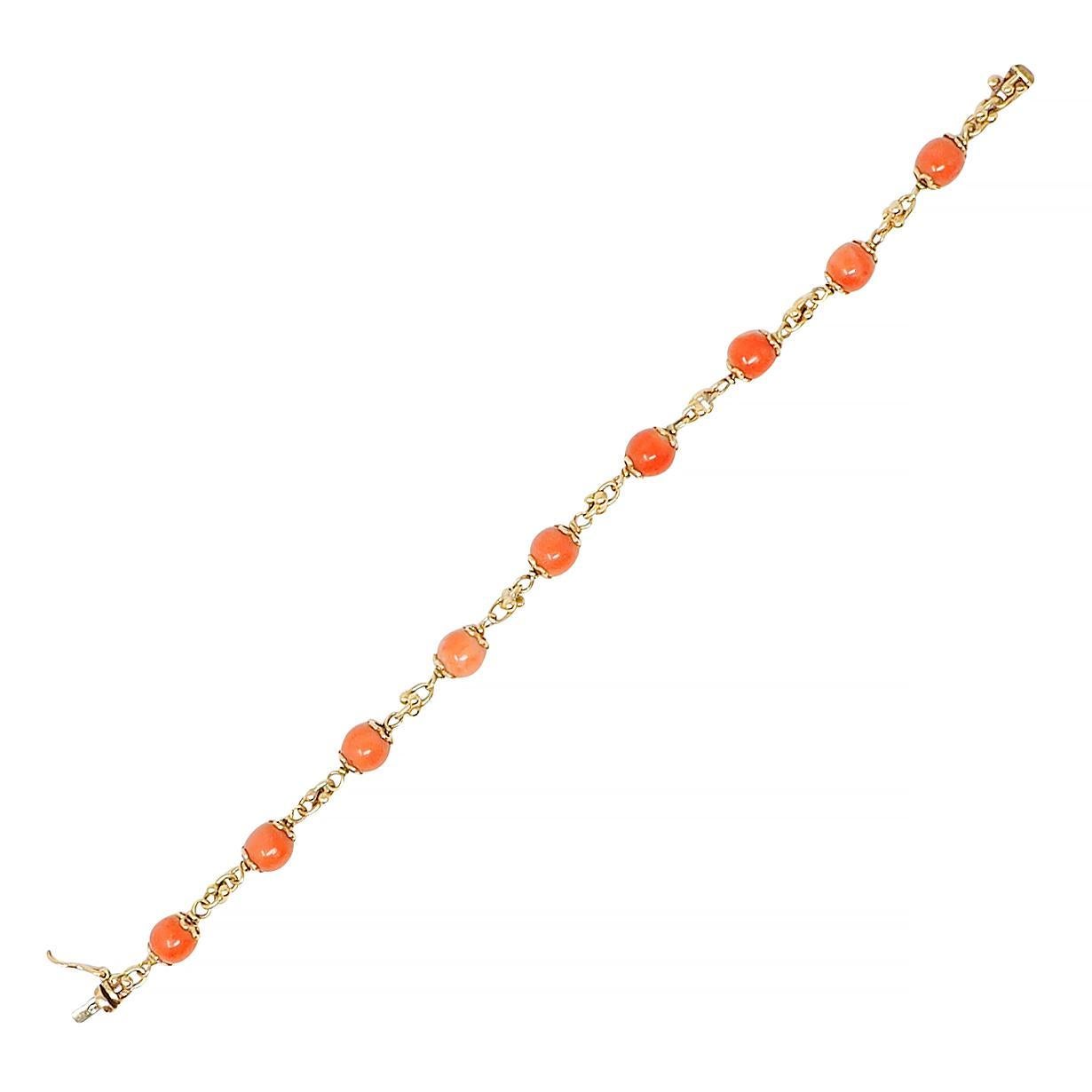 Women's or Men's French Coral 18 Karat Yellow Gold Vintage Beaded Chain Link Bracelet & Necklace