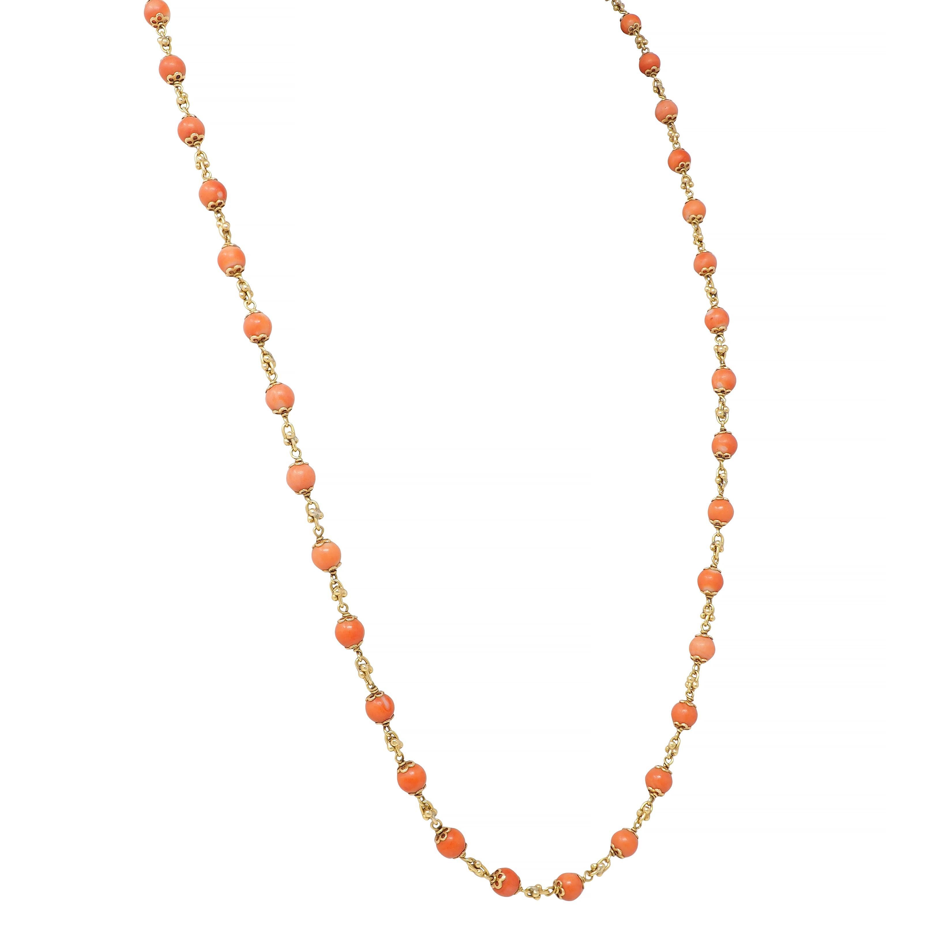 French Coral 18 Karat Yellow Gold Vintage Beaded Chain Link Bracelet & Necklace 1