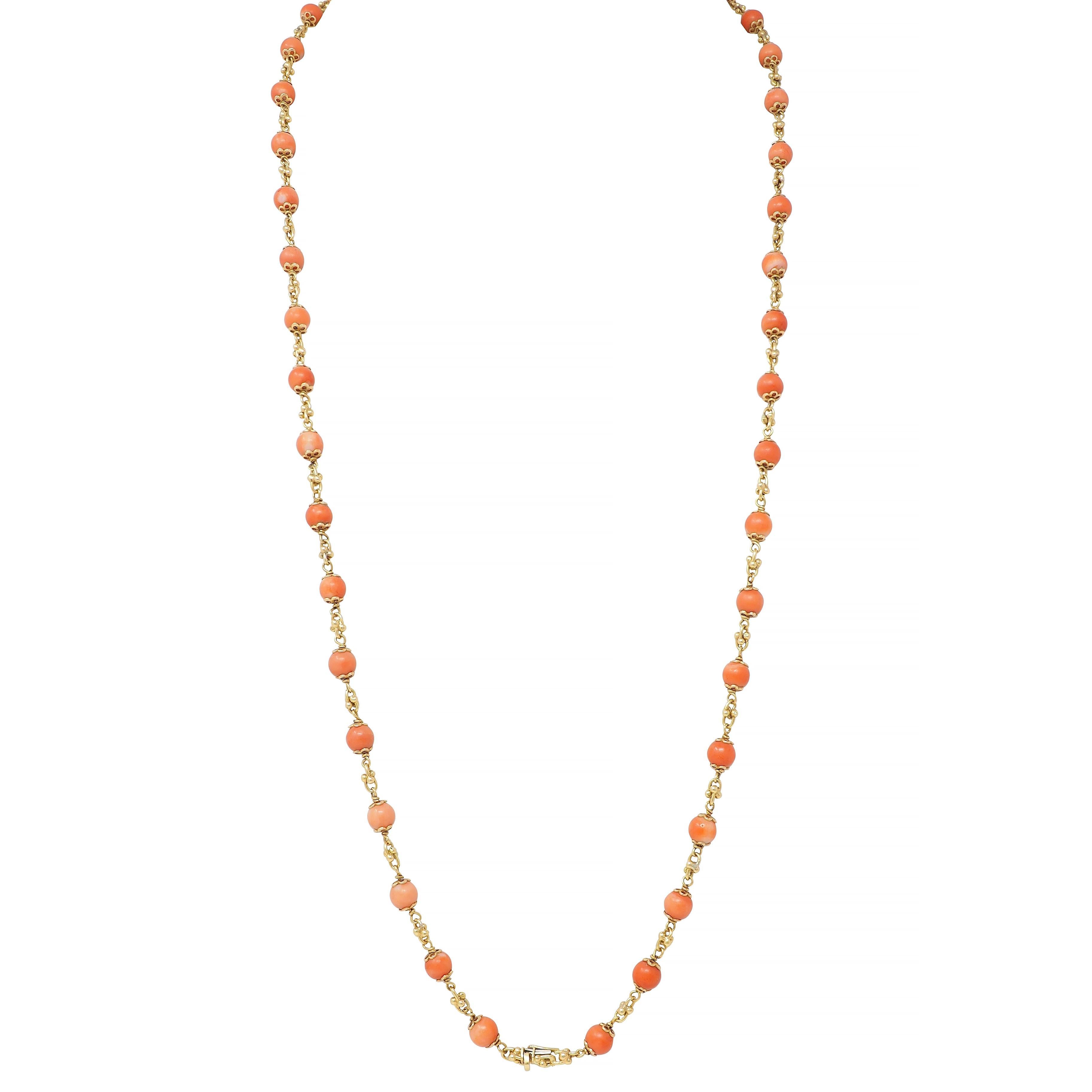 French Coral 18 Karat Yellow Gold Vintage Beaded Chain Link Bracelet & Necklace 3