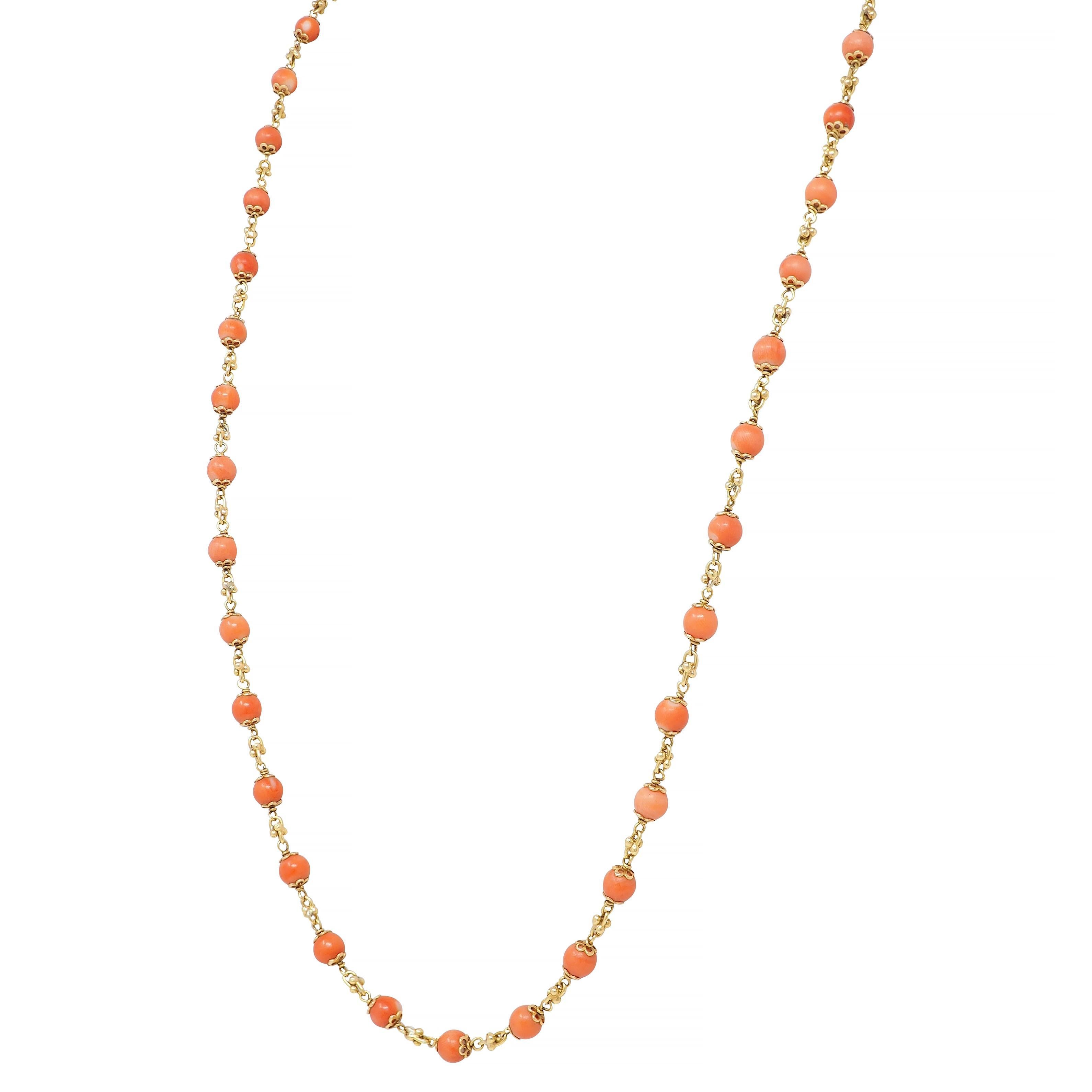 French Coral 18 Karat Yellow Gold Vintage Beaded Chain Link Bracelet & Necklace 4