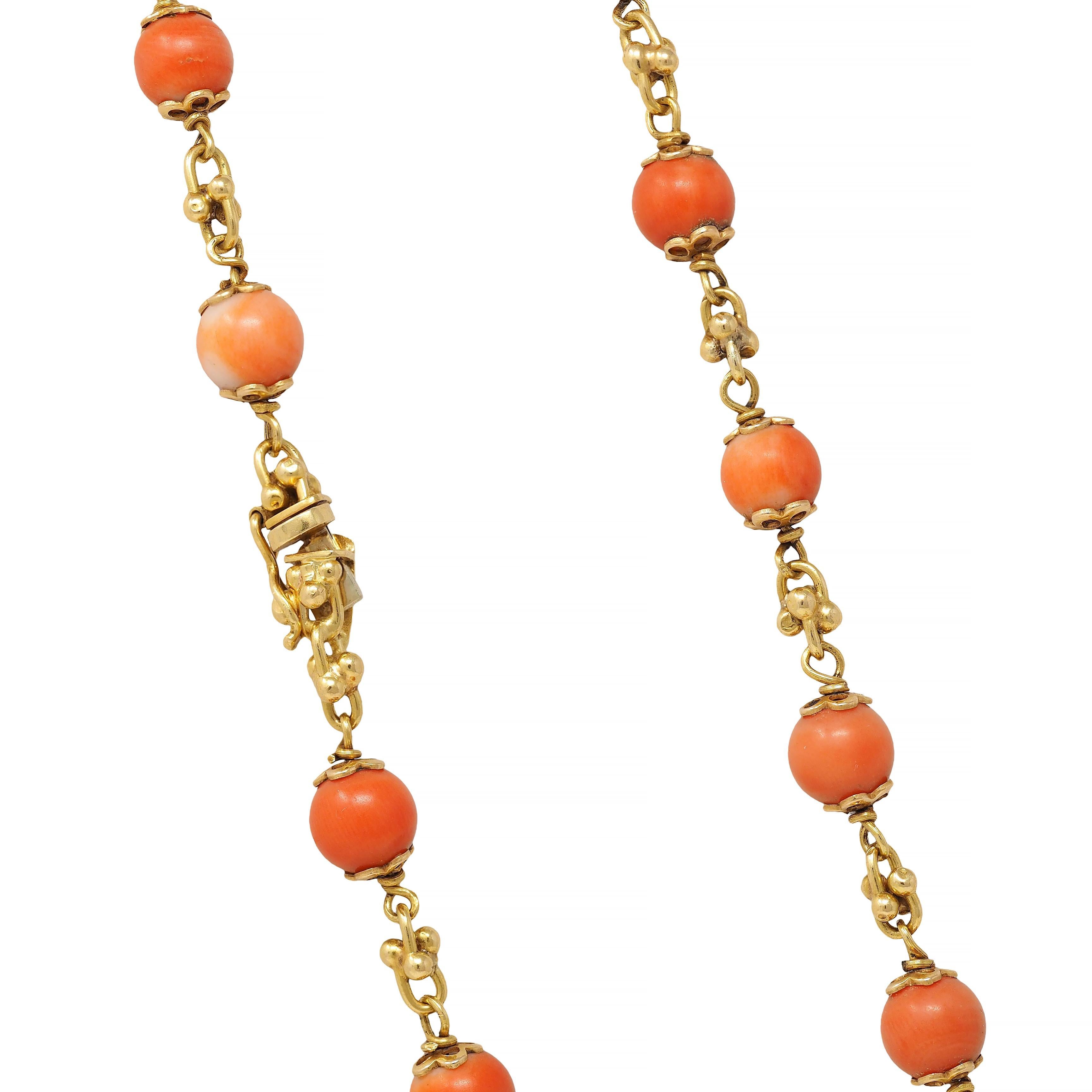 French Coral 18 Karat Yellow Gold Vintage Beaded Chain Link Bracelet & Necklace 5