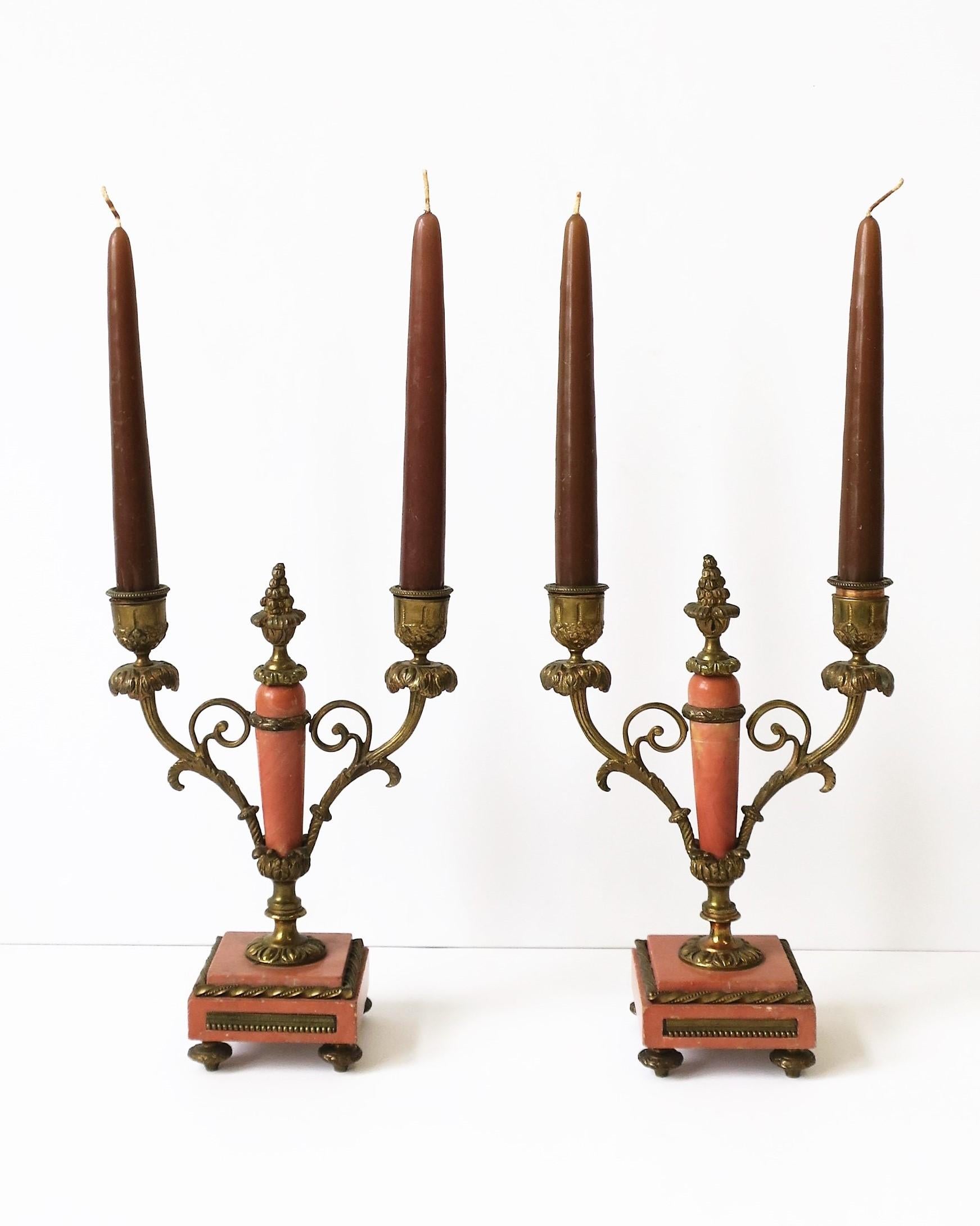 Louis XVI French Marble & Gold Brass Candlestick or Candelabra Holders, 19th c, Pair