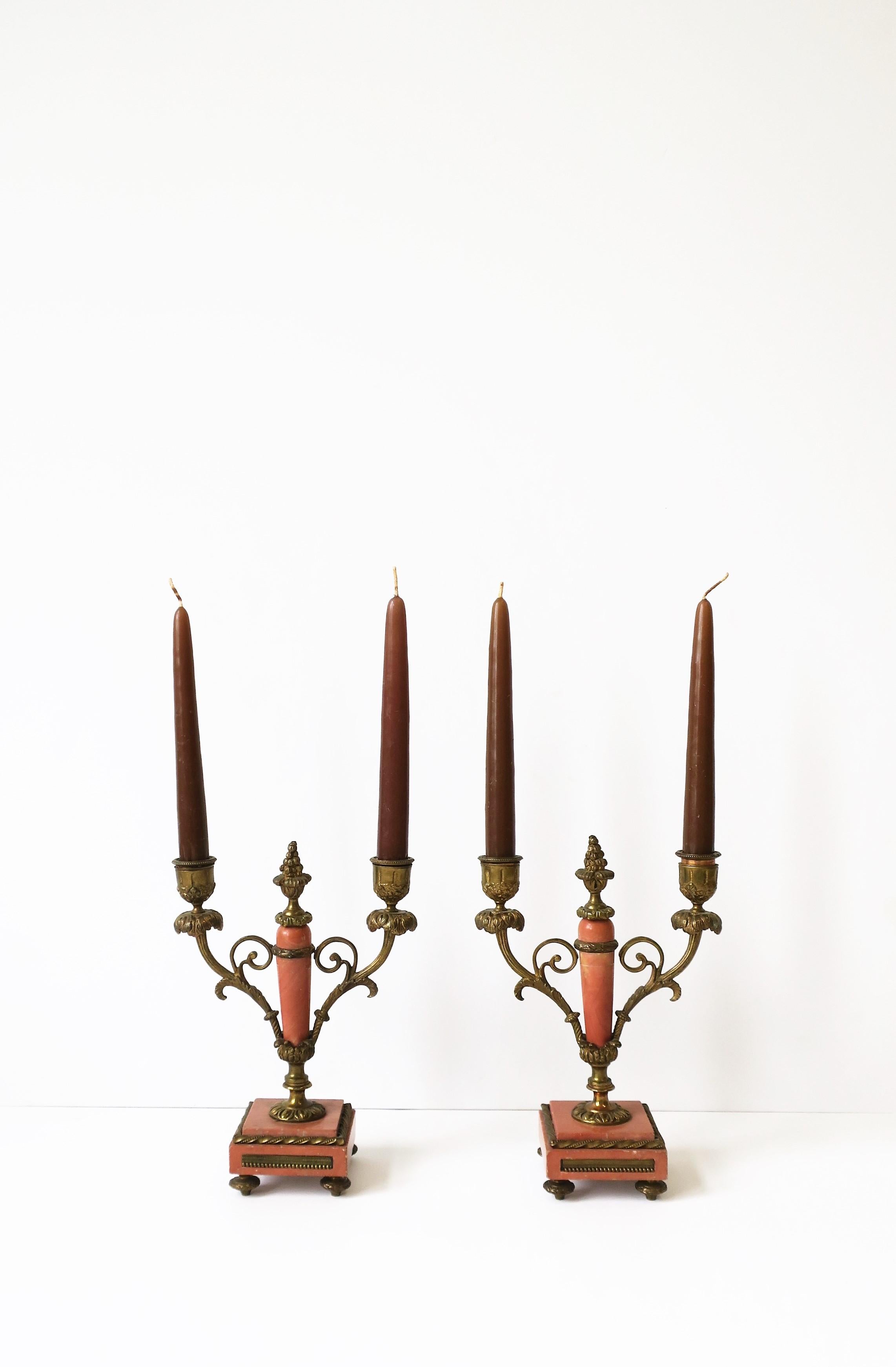 French Marble & Gold Brass Candlestick or Candelabra Holders, 19th c, Pair In Good Condition In New York, NY