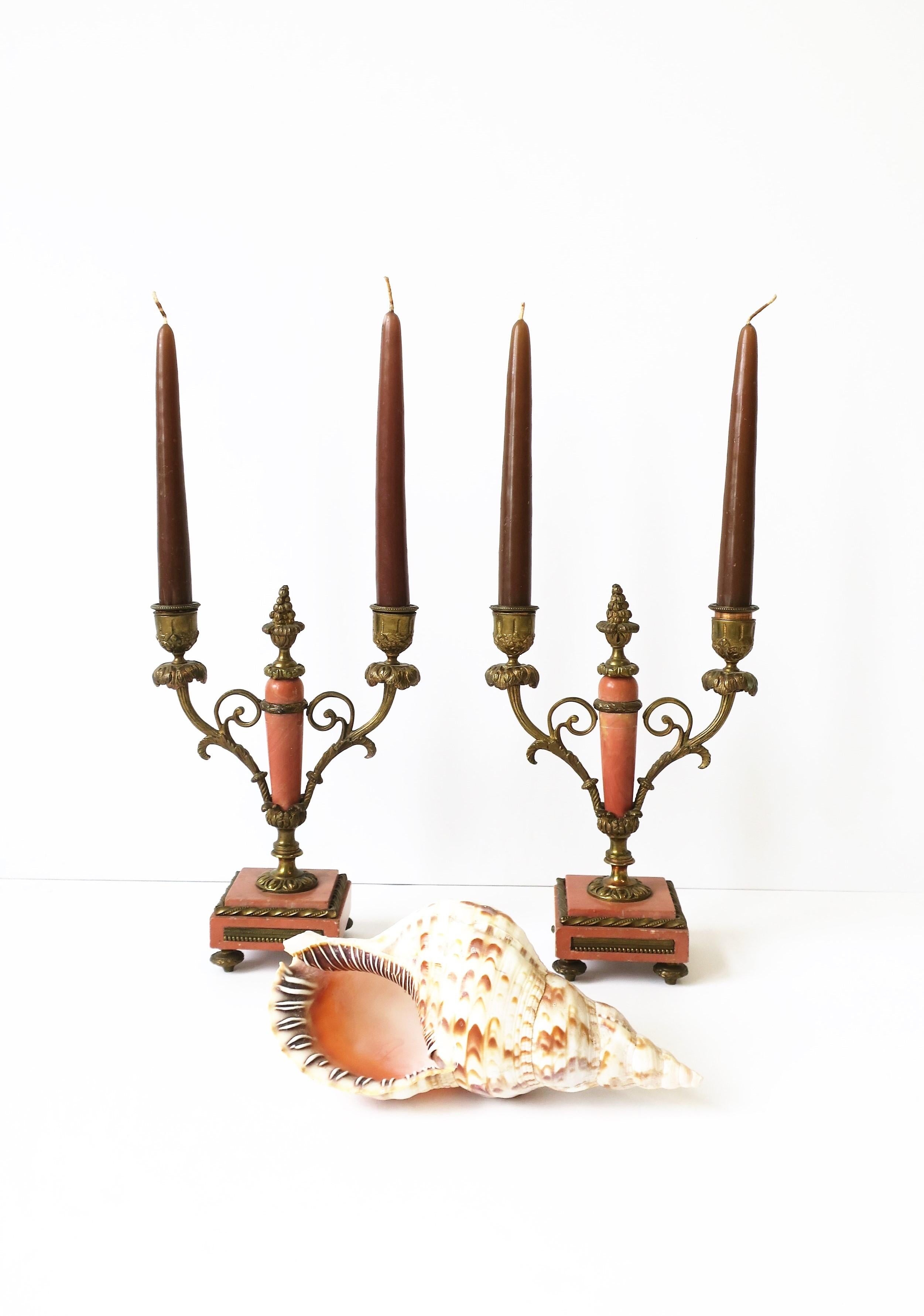 Ormolu French Marble & Gold Brass Candlestick or Candelabra Holders, 19th c, Pair