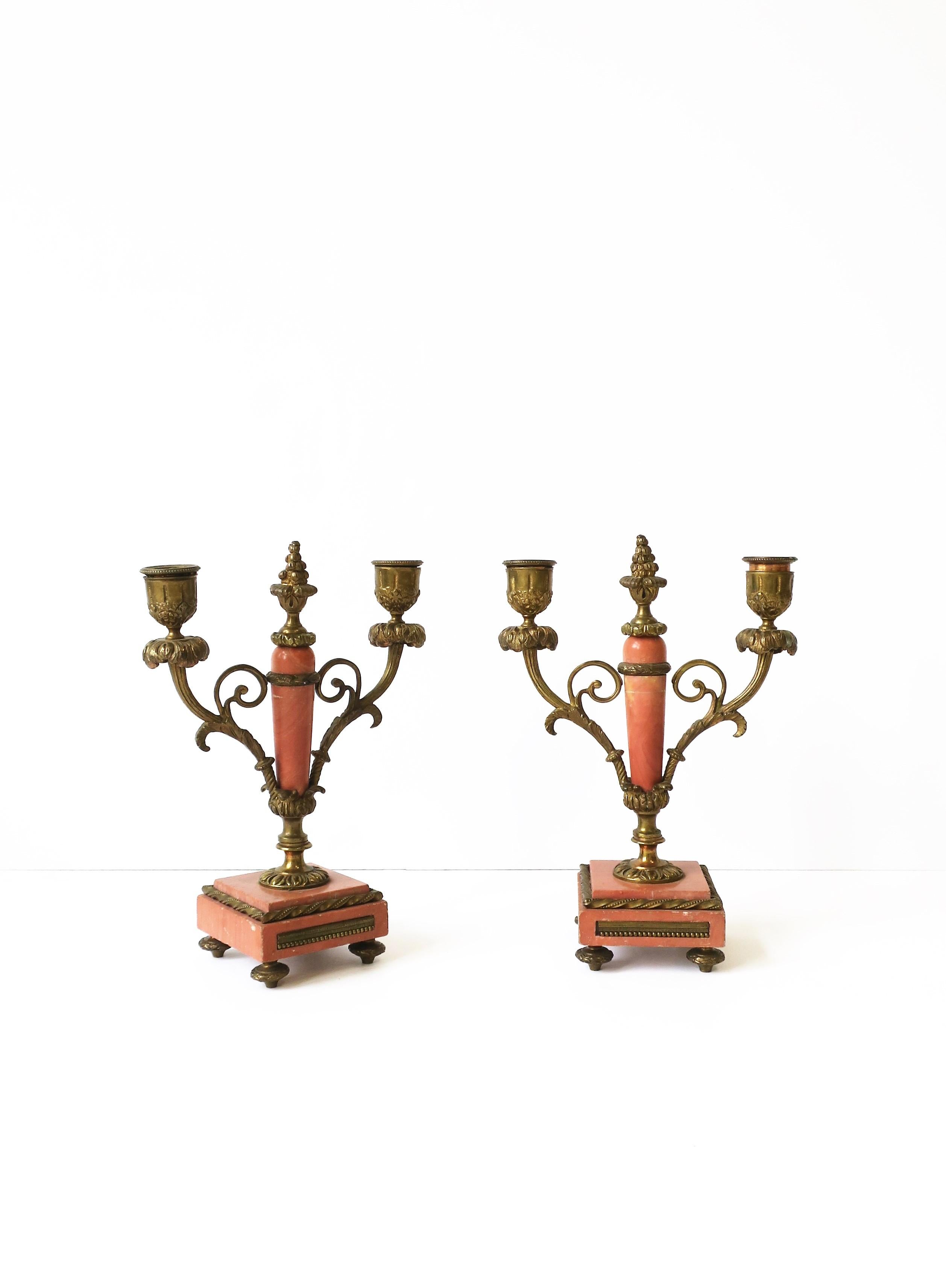French Marble & Gold Brass Candlestick or Candelabra Holders, 19th c, Pair 1
