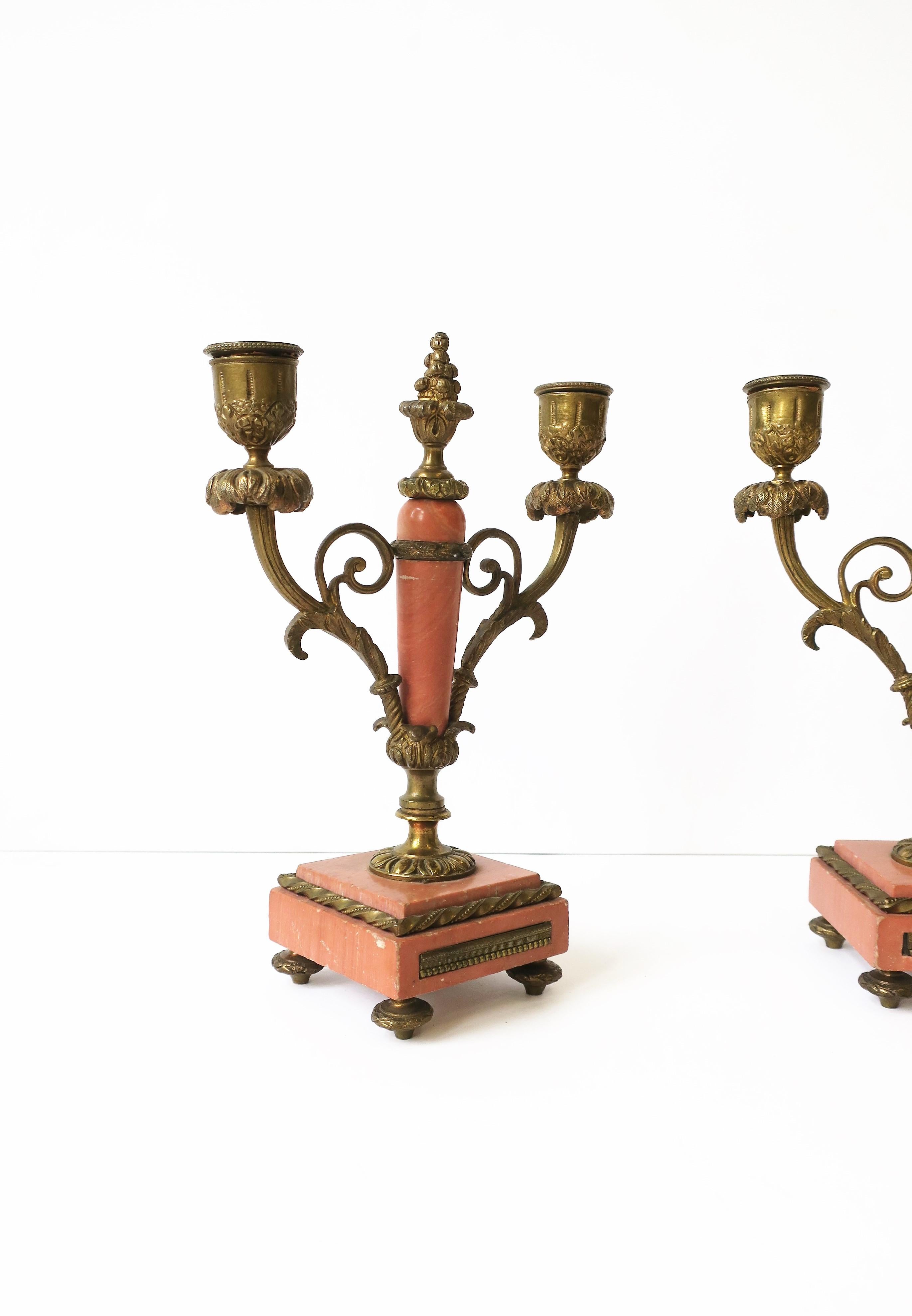 French Marble & Gold Brass Candlestick or Candelabra Holders, 19th c, Pair 3