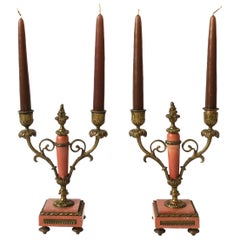 Marble and Gold Brass French Candlestick or Candelabra Holders, Pair, ca. 19th C