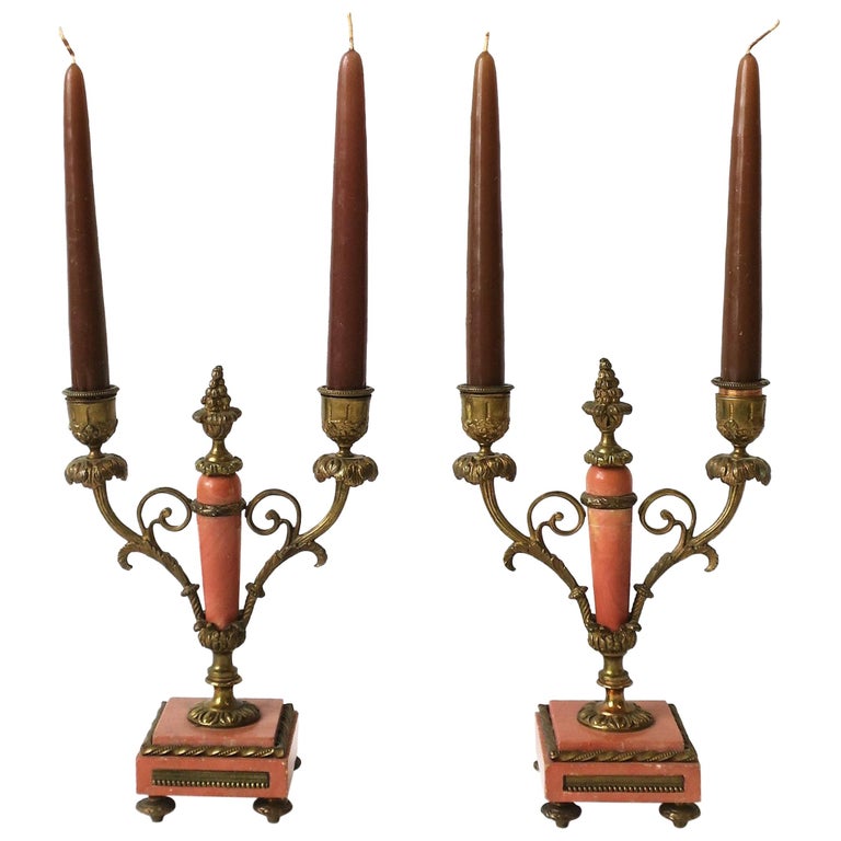 French Marble and Gold Brass Candlesticks or Candelabra Holders, 19th C