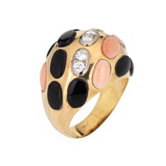 Bague Corail Onyx Diamant Bombe Vintage 18k Or Jaune Dome Sz 6.5