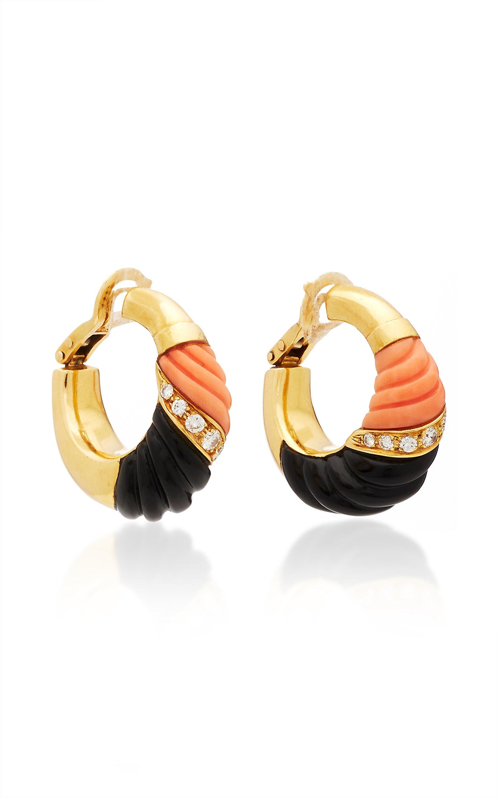 Retro French Coral Onyx Diamond Earrings For Sale