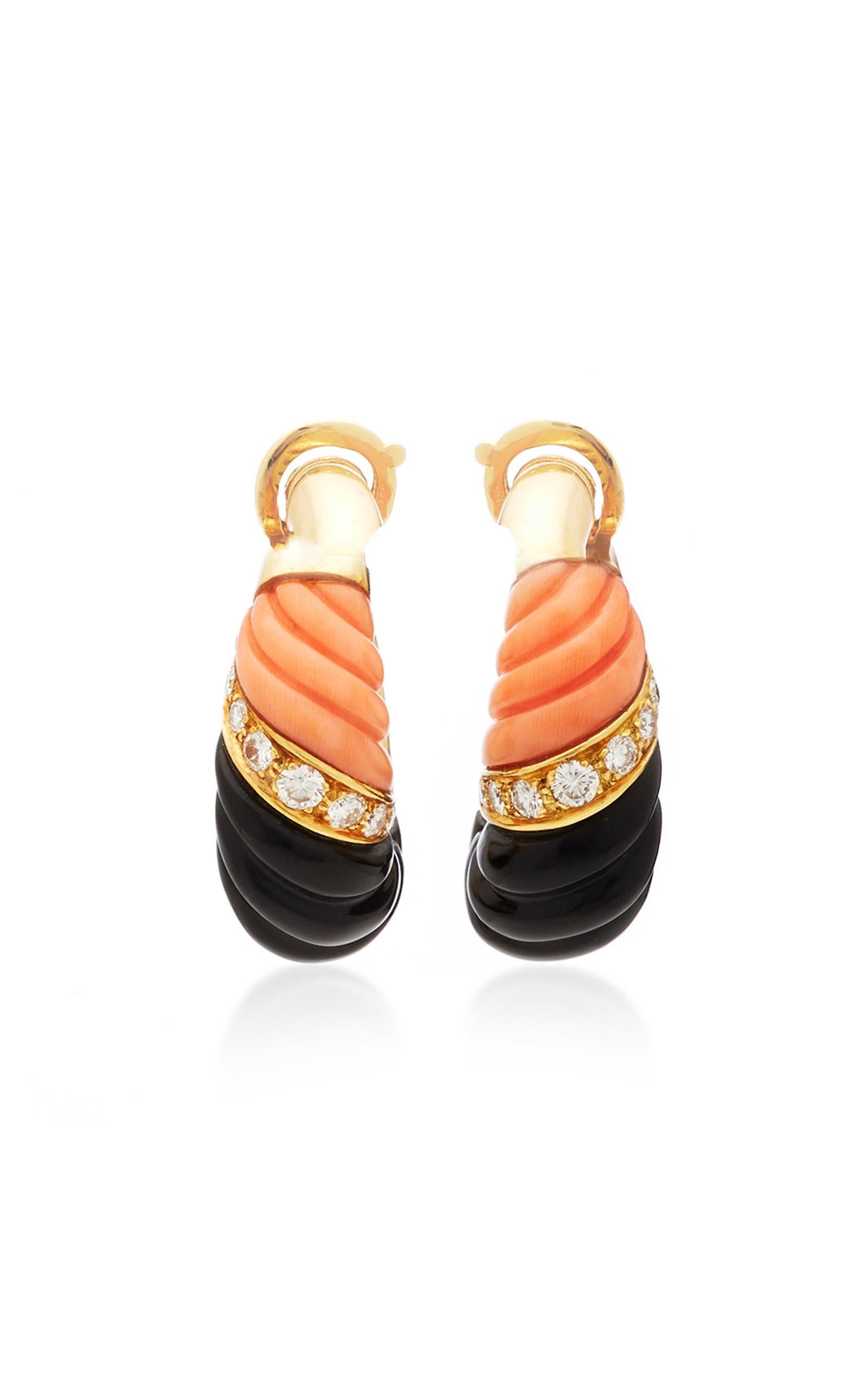 French Coral Onyx Diamond Earrings In Good Condition For Sale In New York, NY