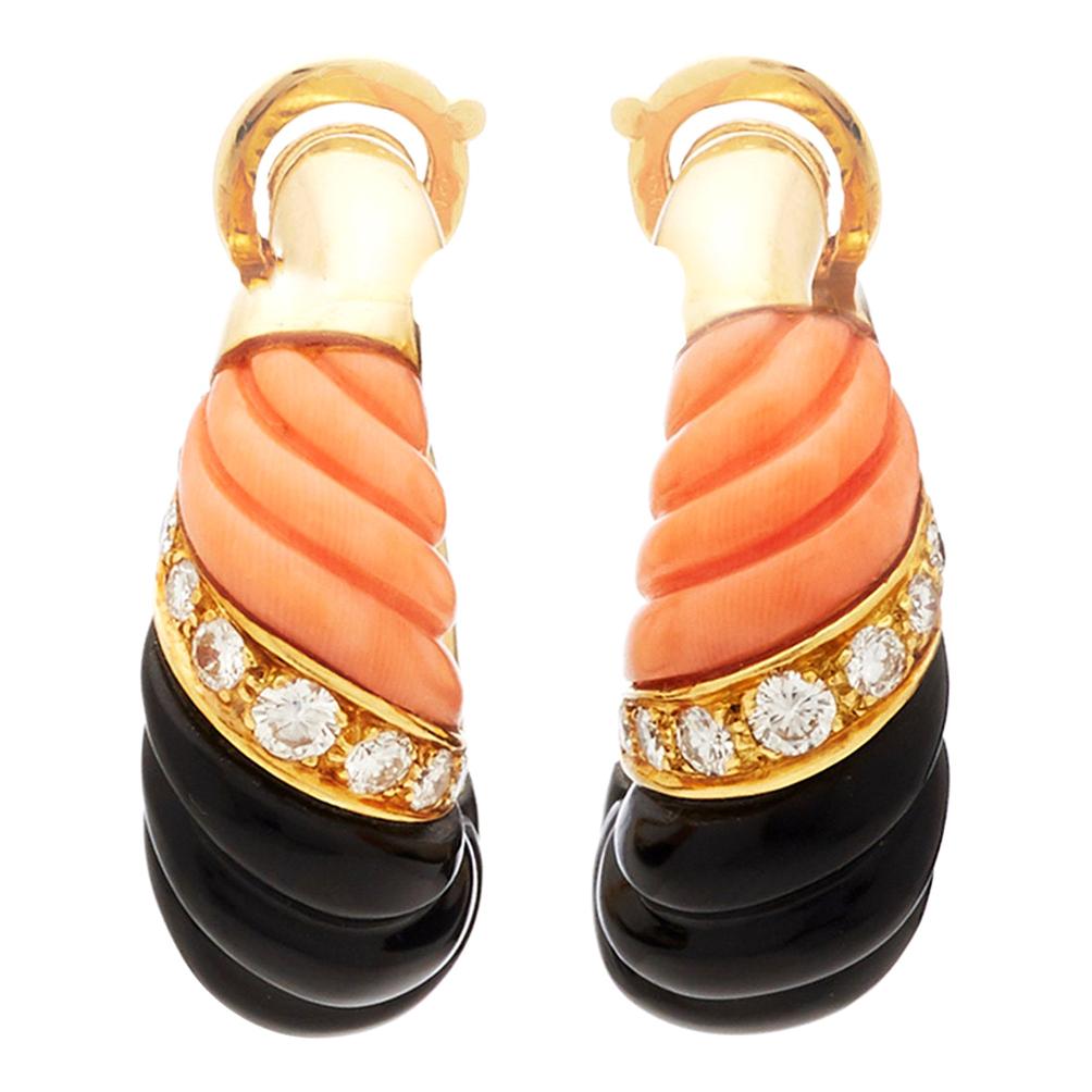 French Coral Onyx Diamond Earrings For Sale