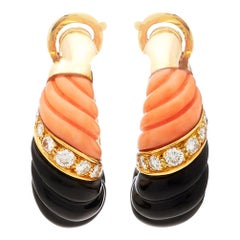Vintage French Coral Onyx Diamond Earrings