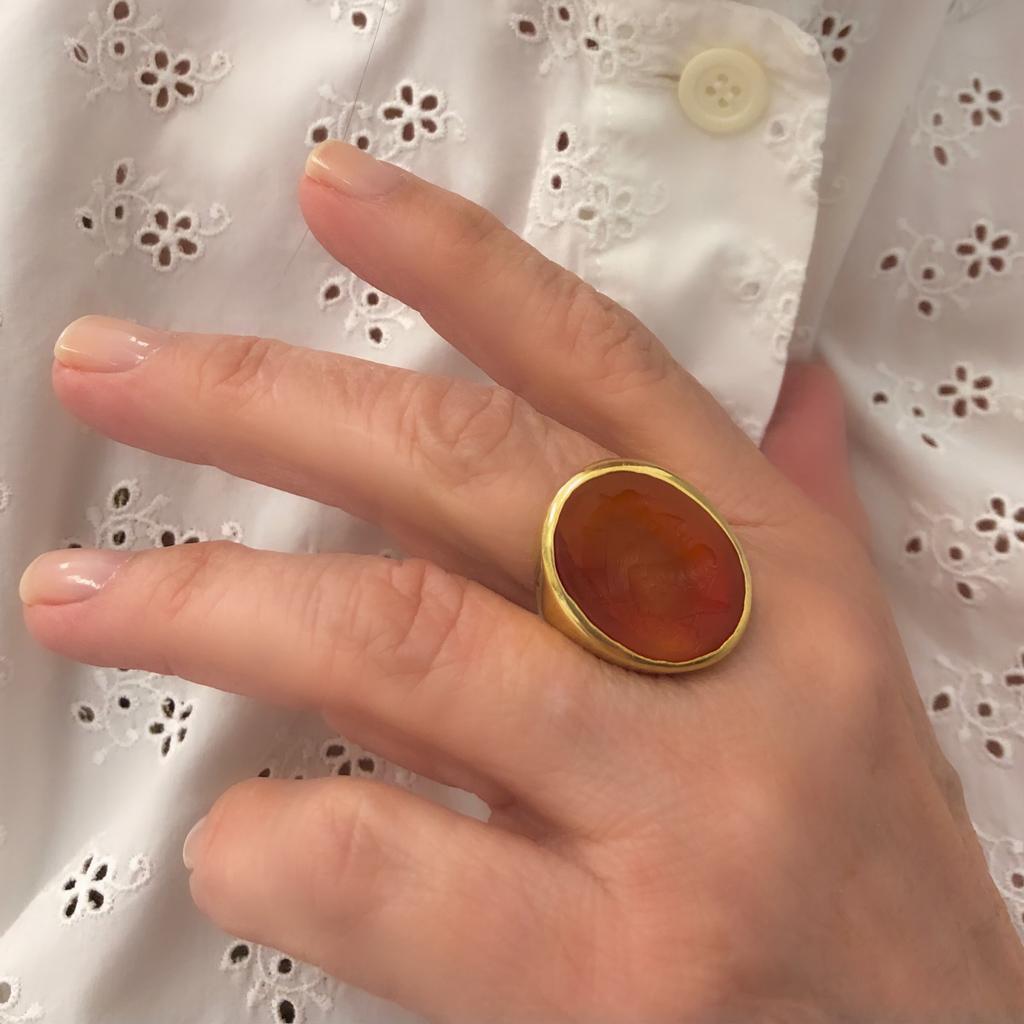 Women's or Men's French Carnelian Intaglio signed Tatar Ring circa 1950s in 18 Karat