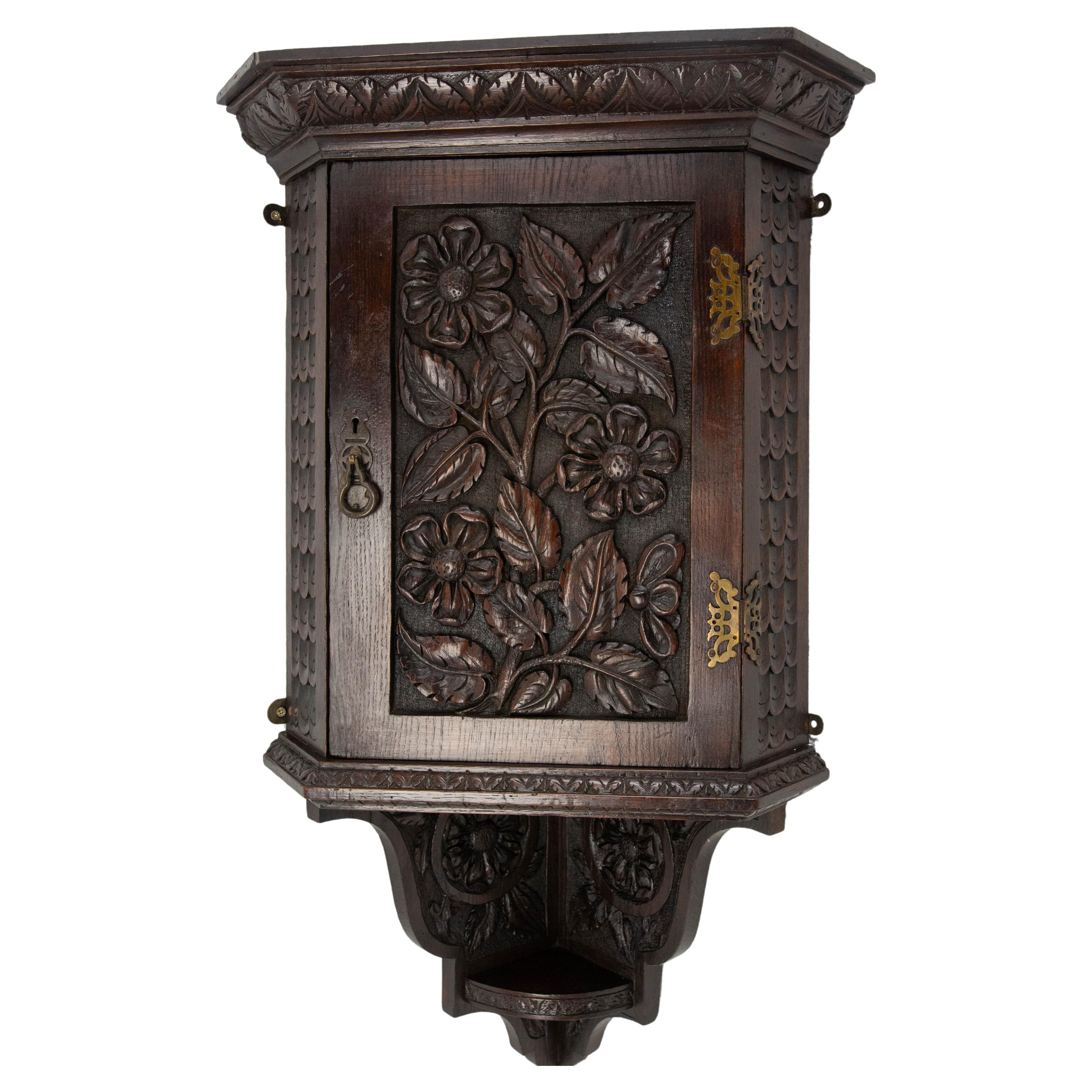 French Corner Chestnut Wall Cabinet Floral Carving, circa 1900