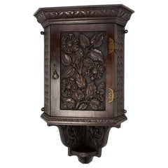 Antique French Corner Chestnut Wall Cabinet Floral Carving, circa 1900