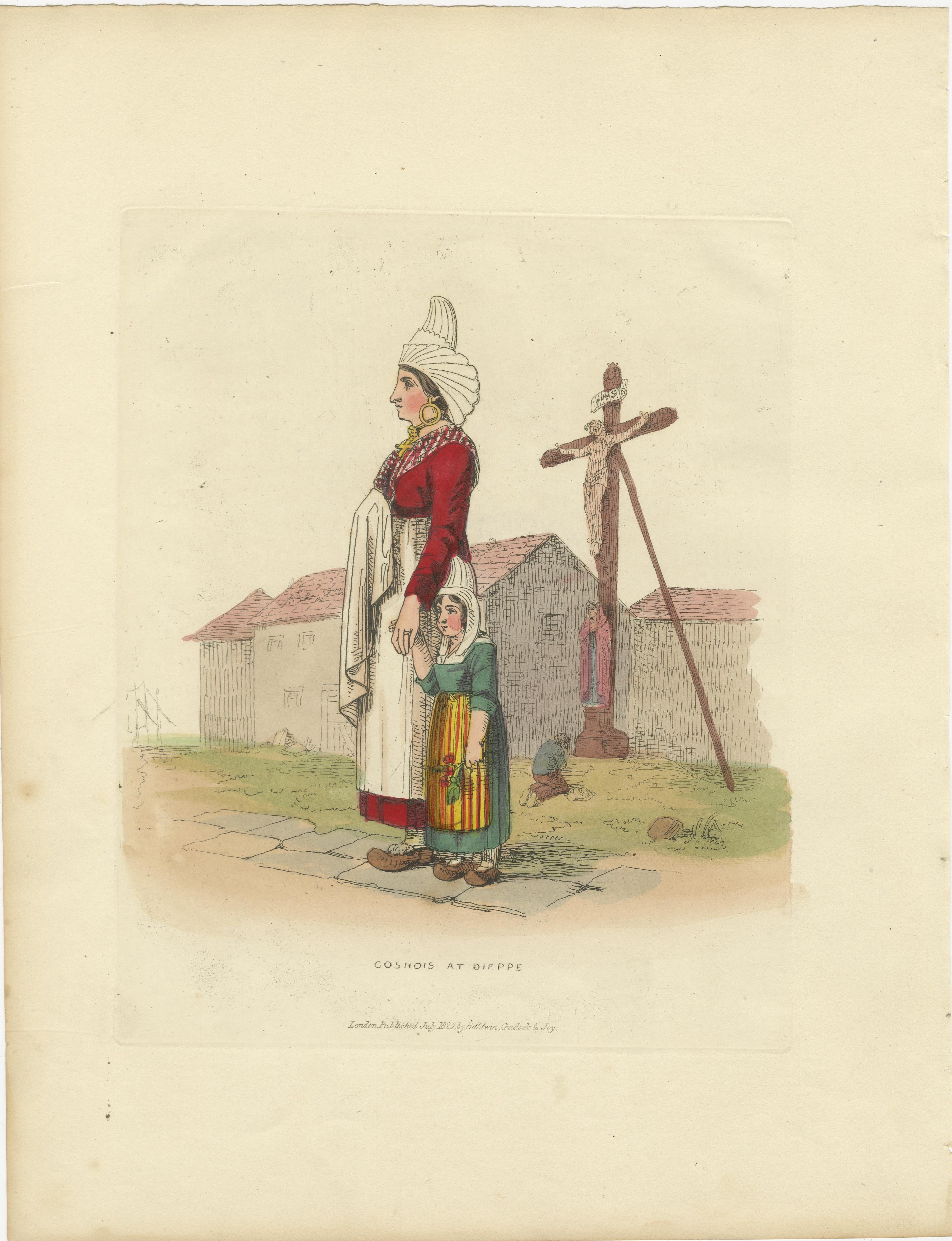 Costumes et métiers français - 3 estampes finement colorées par R. Bridgens, 1835

Cet ensemble saisissant de trois gravures anciennes finement colorées illustre les costumes et les métiers variés et vibrants de la France du XIXe siècle, offrant un