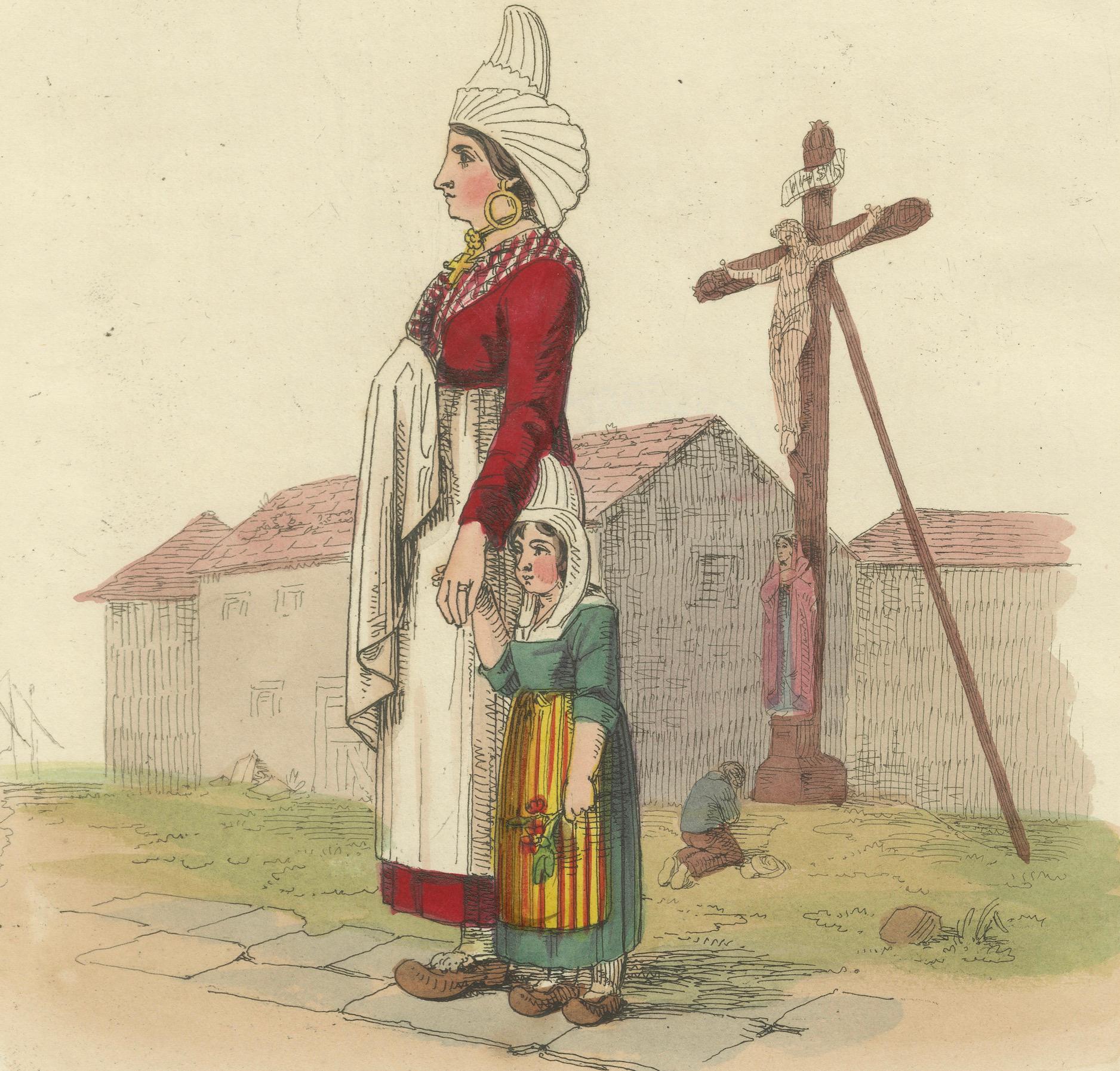 Papier Costumes et métiers français - 3 estampes finement colorées par R. Bridgens, 1835 en vente