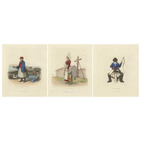 French Costumes and Trades – 3 Finely Coloured Prints by R. Bridgens, 1835