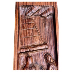 French Cottage Hand Carved Pine Panel Café Scene Wall Hanging Decoration Couple