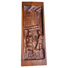 Panneau en pin sculpté scène de café Décoration murale Couple