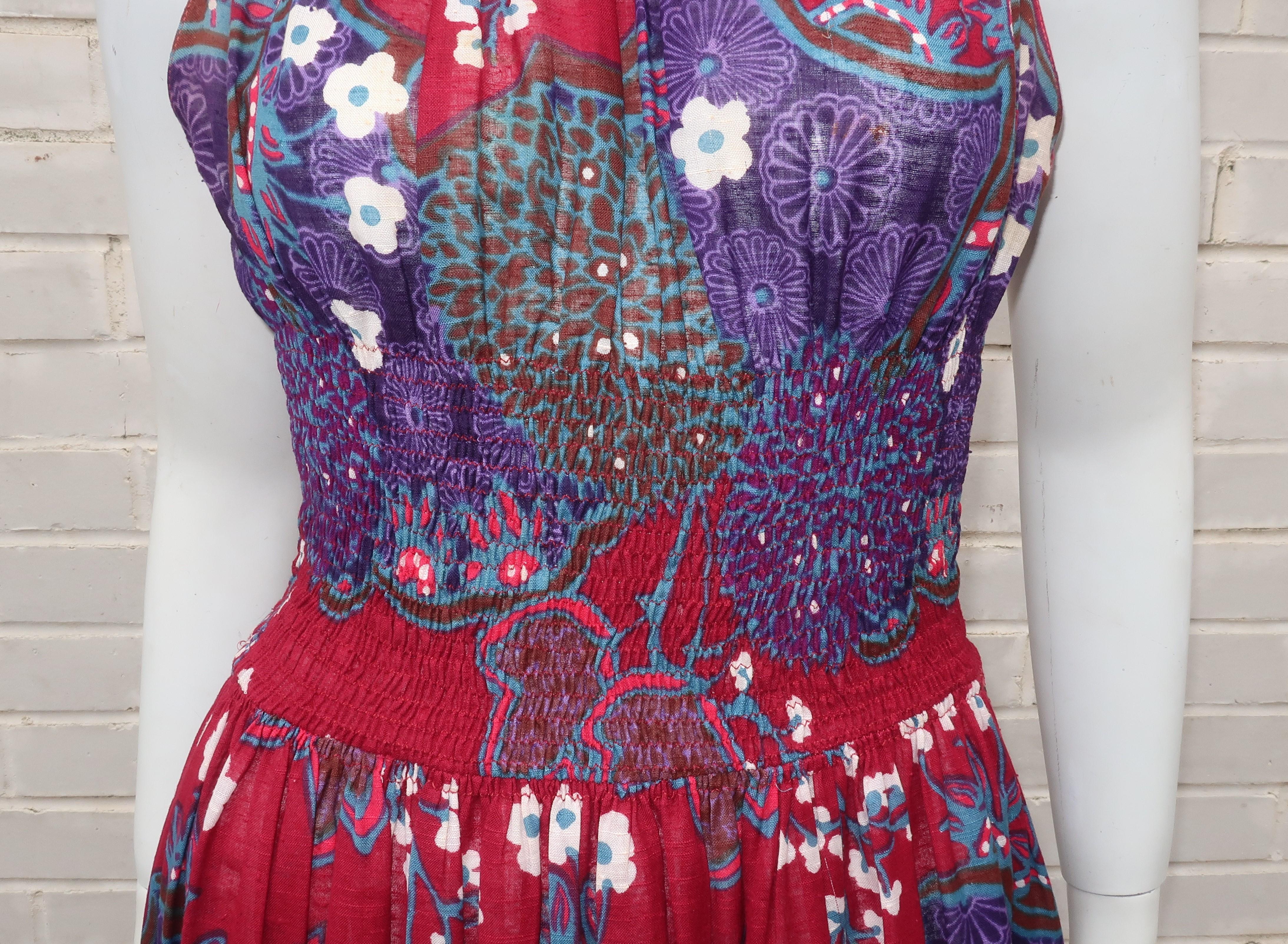 Women's French Cotton Bohemian Floral Dress, 1970's