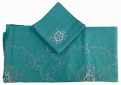 French Cotton Turquoise Tablecloth with Eight Matching Napkins