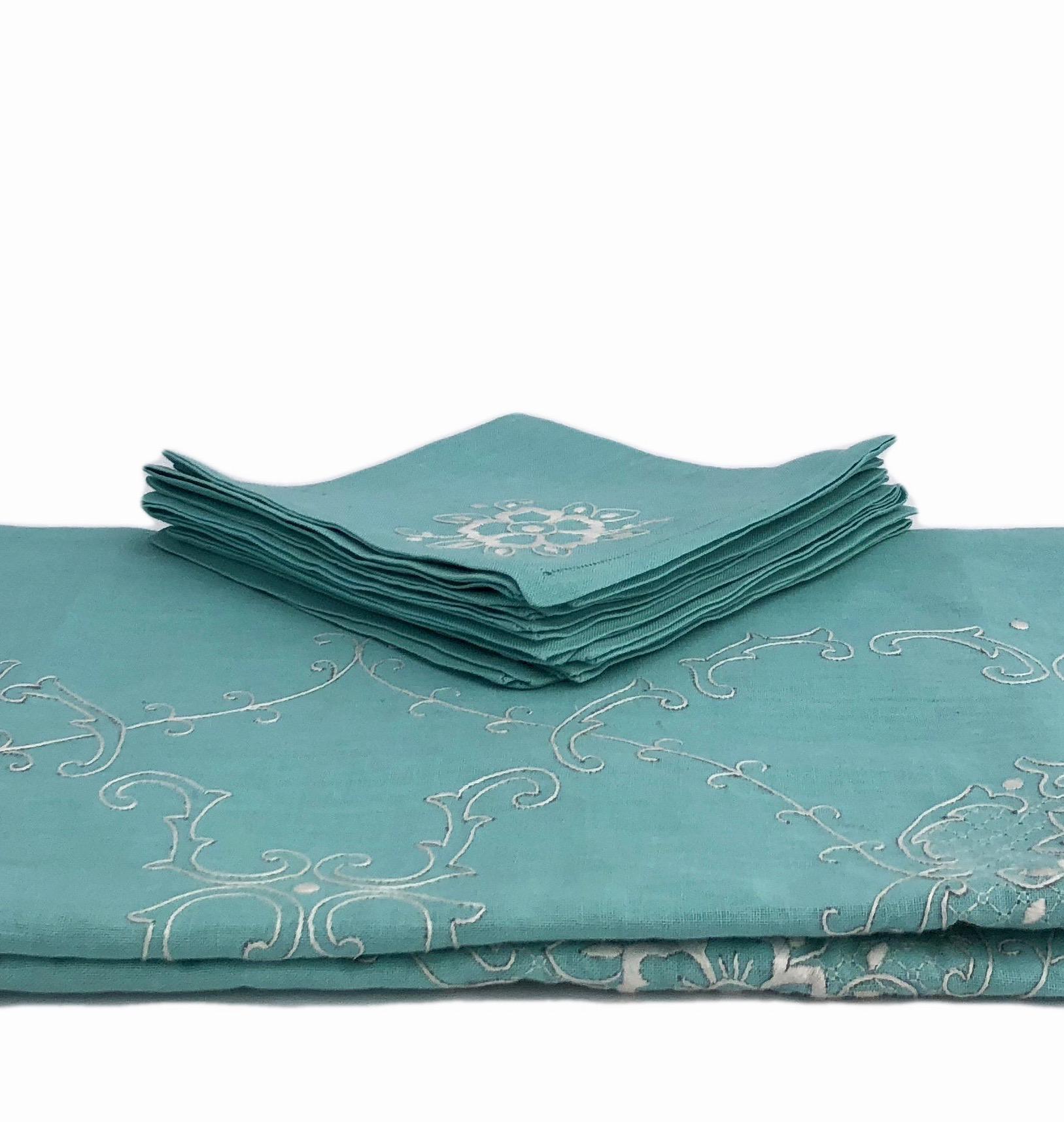 French Cotton Turquoise Tablecloth with Eight Matching Napkins In Good Condition For Sale In Petaluma, CA