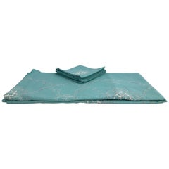 French Cotton Turquoise Tablecloth with Eight Matching Napkins