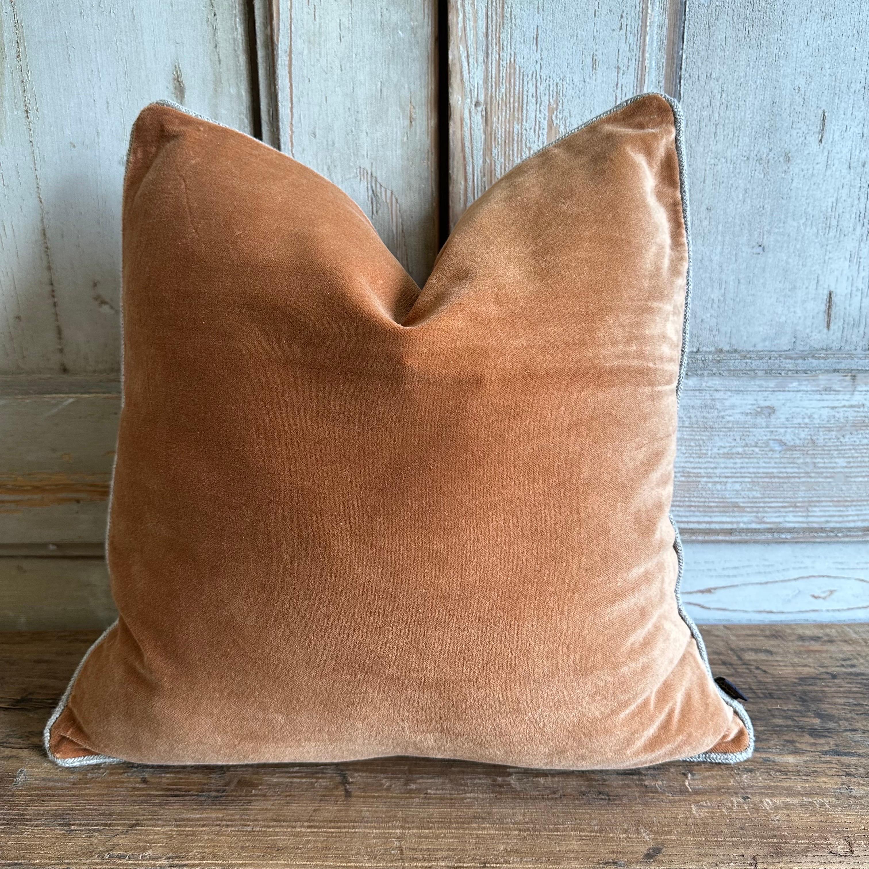 French Cotton Velvet Lumbar Pillow in Caramel Color with Jute Trim In New Condition For Sale In Brea, CA