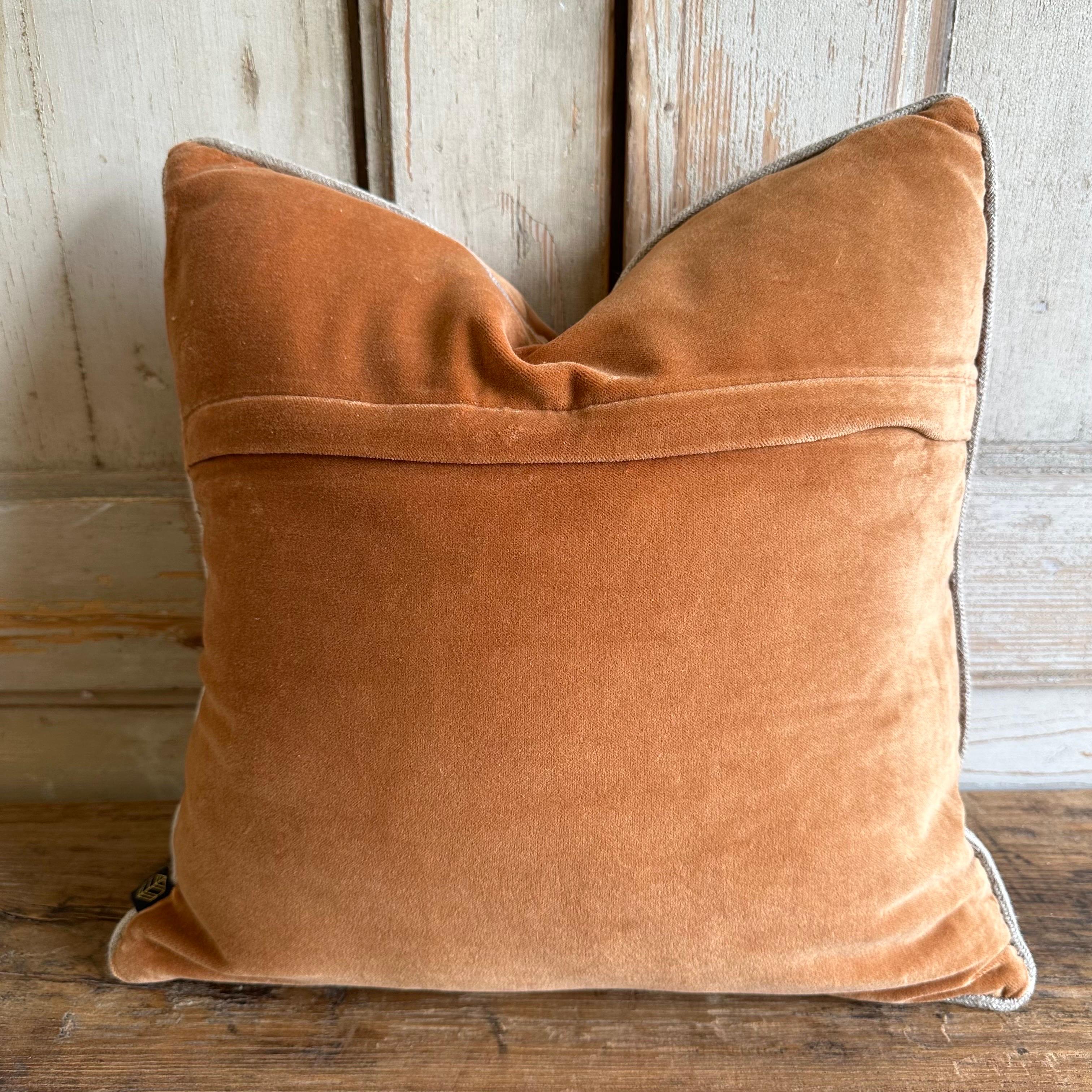 French Cotton Velvet Lumbar Pillow in Caramel Color with Jute Trim For Sale 1