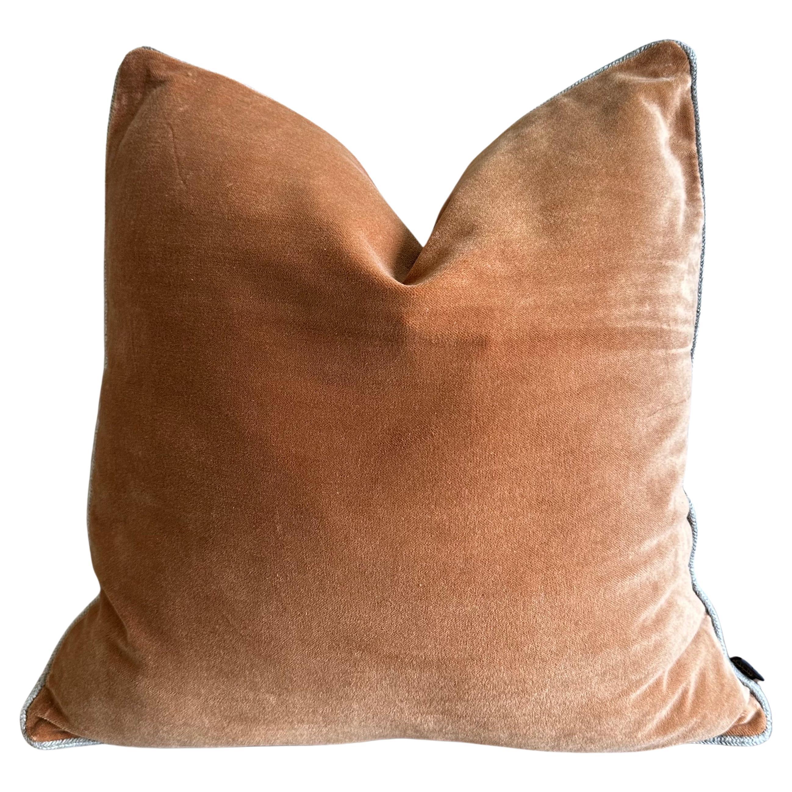 French Cotton Velvet Lumbar Pillow in Caramel Color with Jute Trim For Sale