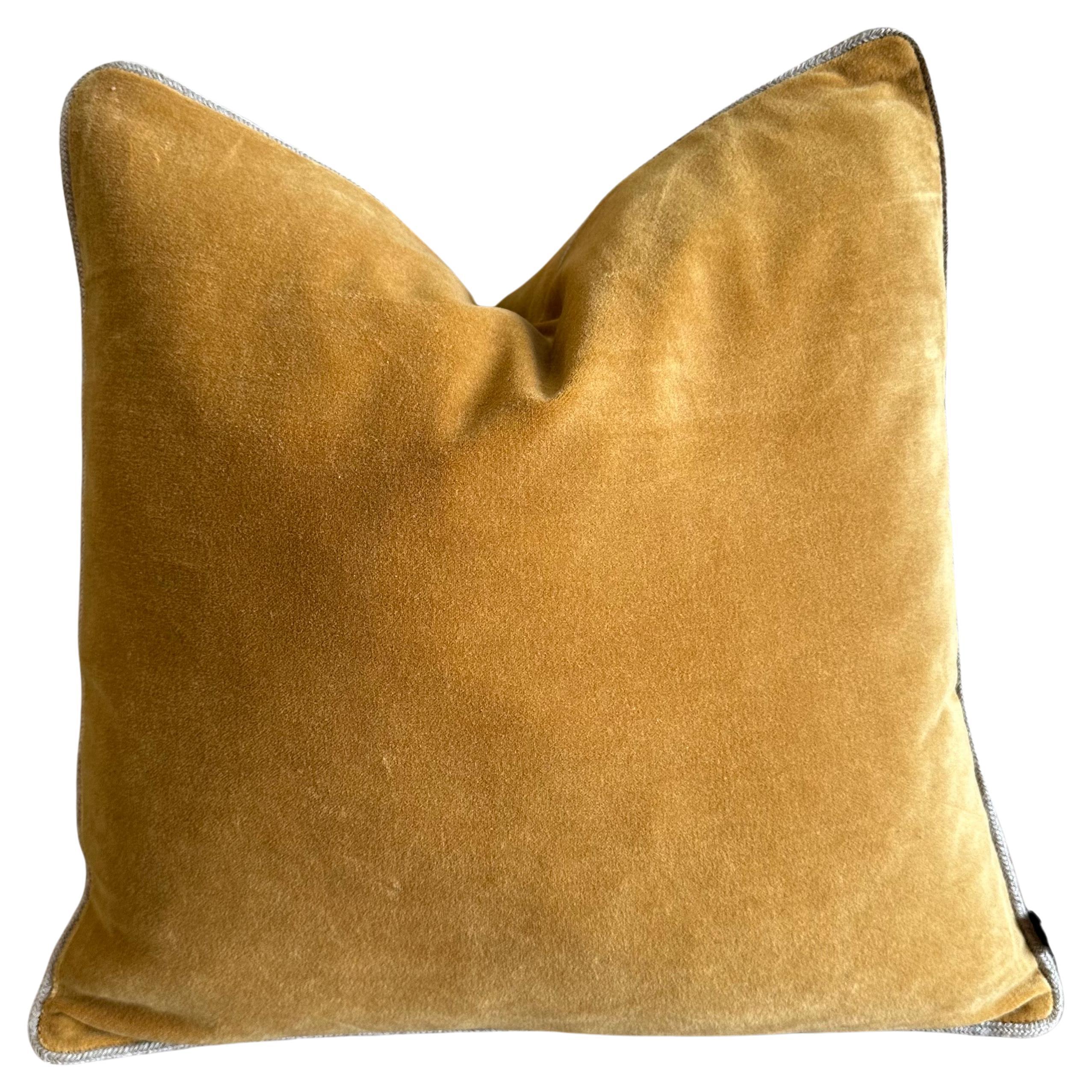 French Cotton Velvet Lumbar Pillow in Chamois Color with Jute Trim  For Sale