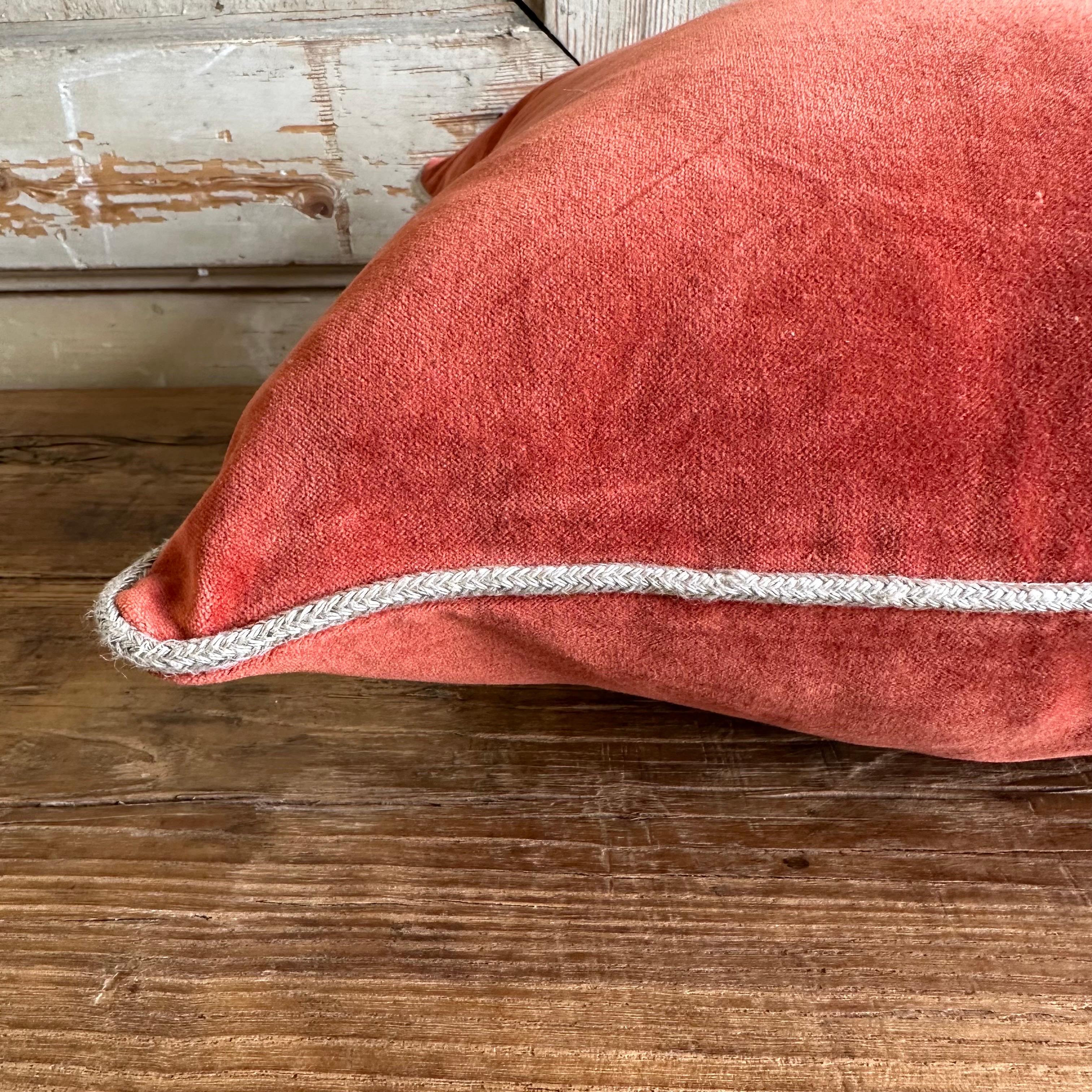 French Cotton Velvet  Pillow in Deep Brick with Jute Trim In New Condition For Sale In Brea, CA