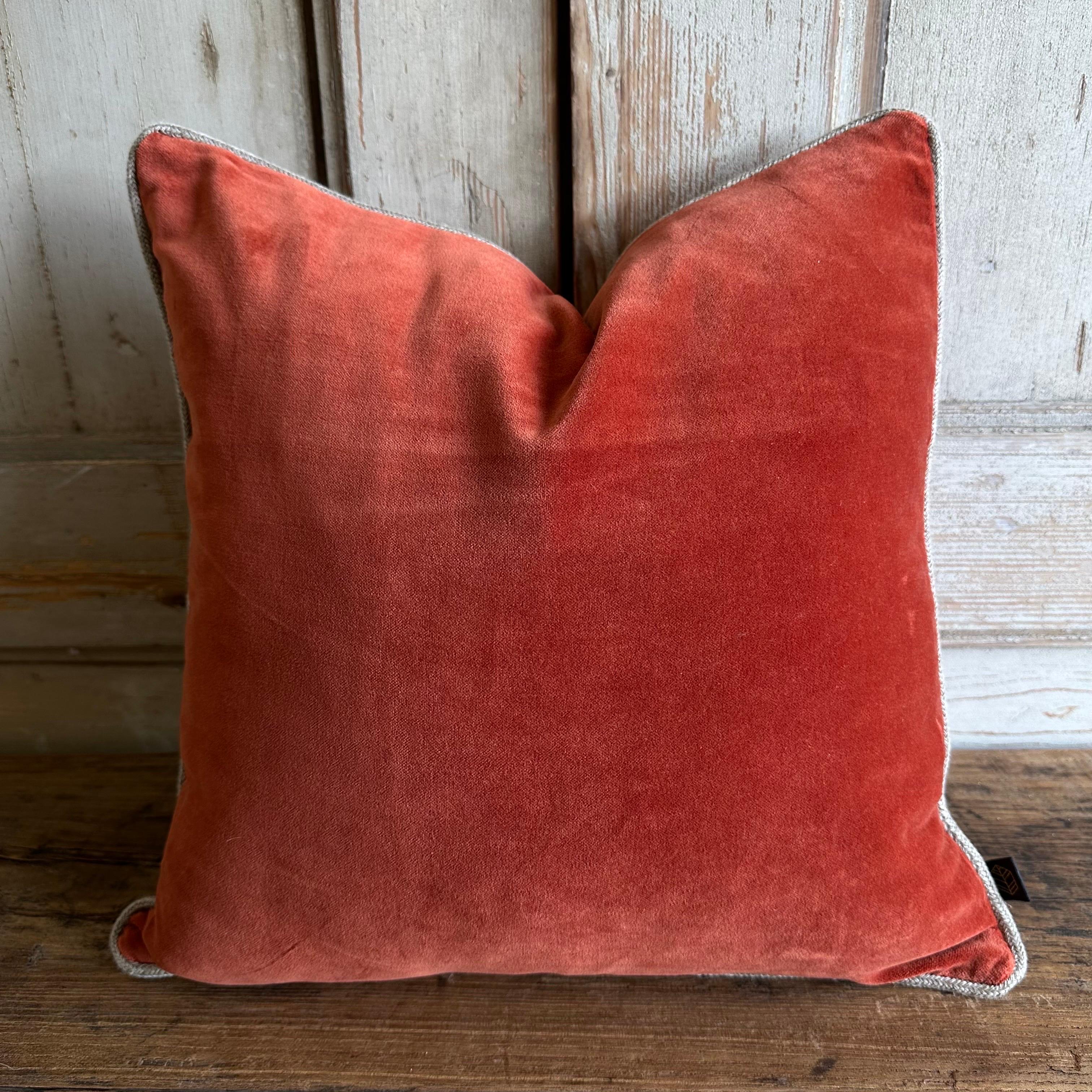 Contemporary French Cotton Velvet  Pillow in Deep Brick with Jute Trim For Sale