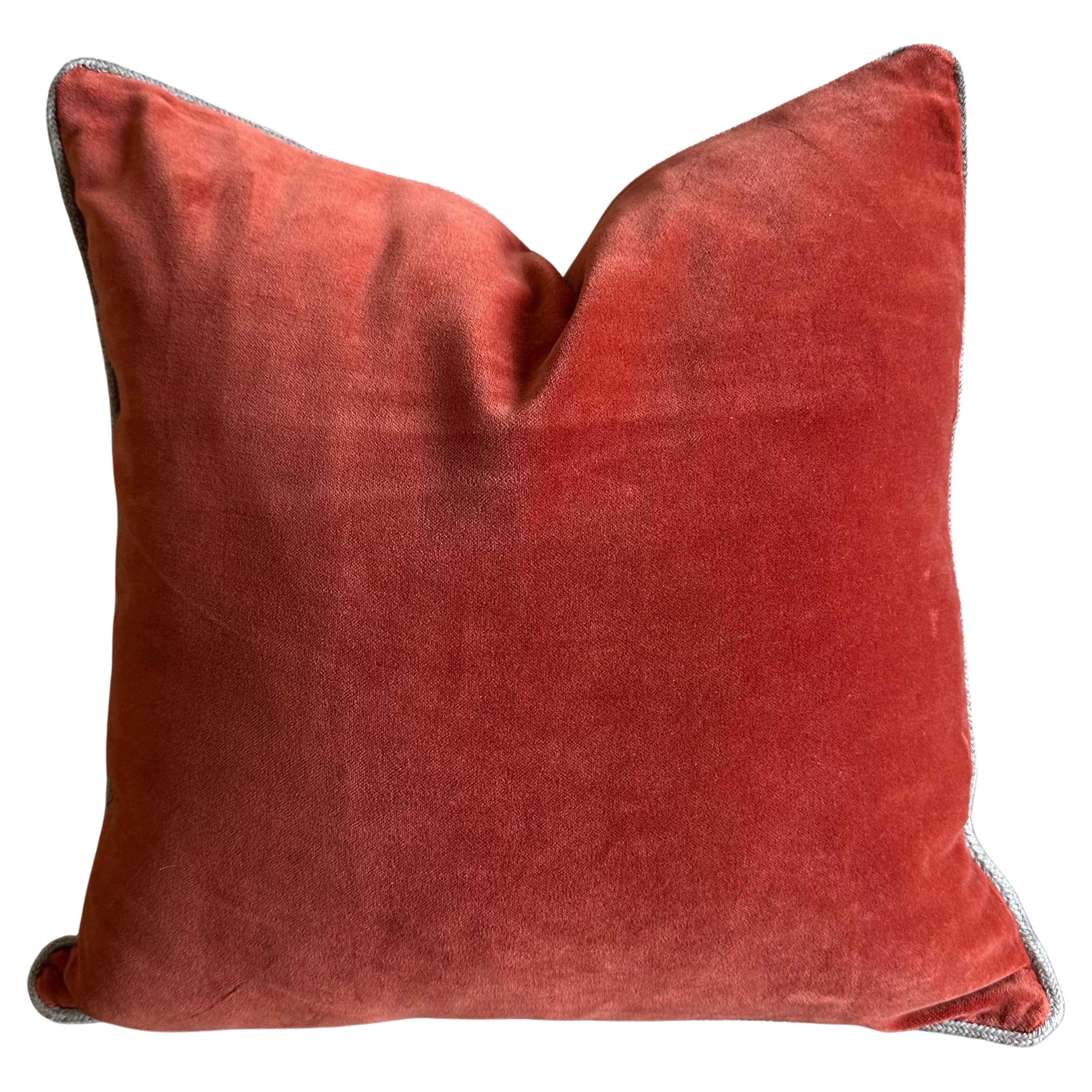 French Cotton Velvet  Pillow in Deep Brick with Jute Trim For Sale