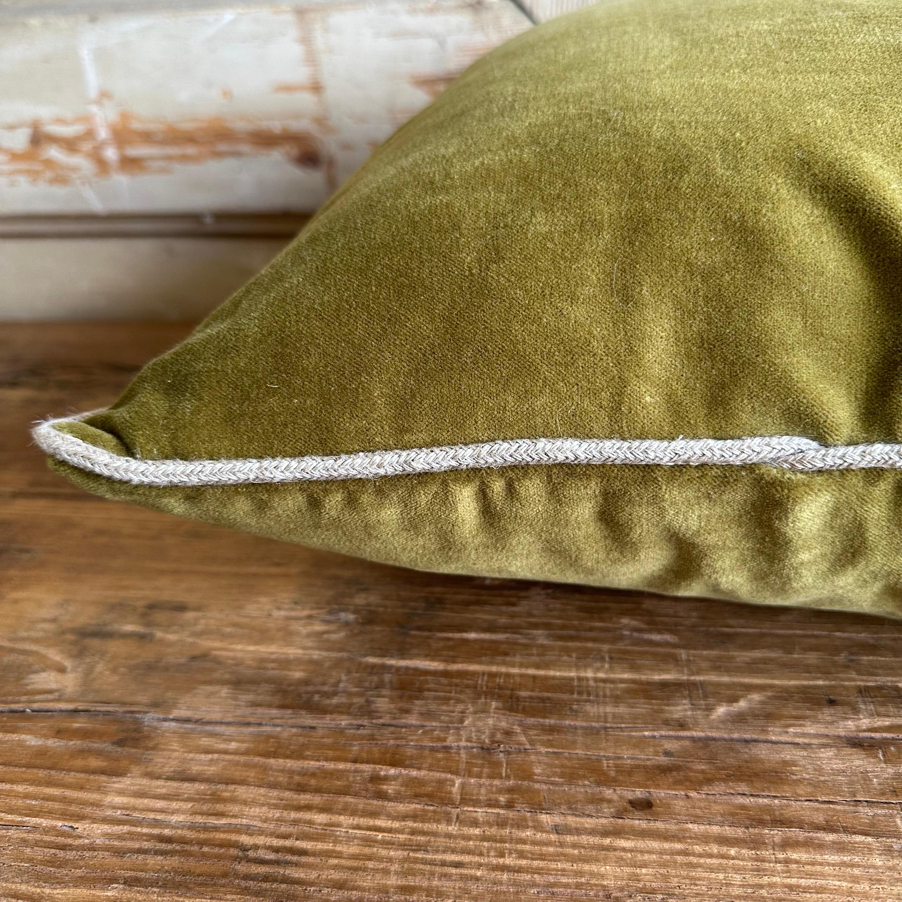 Contemporary French Cotton Velvet Lumbar Pillow in Olive with Jute Trim For Sale