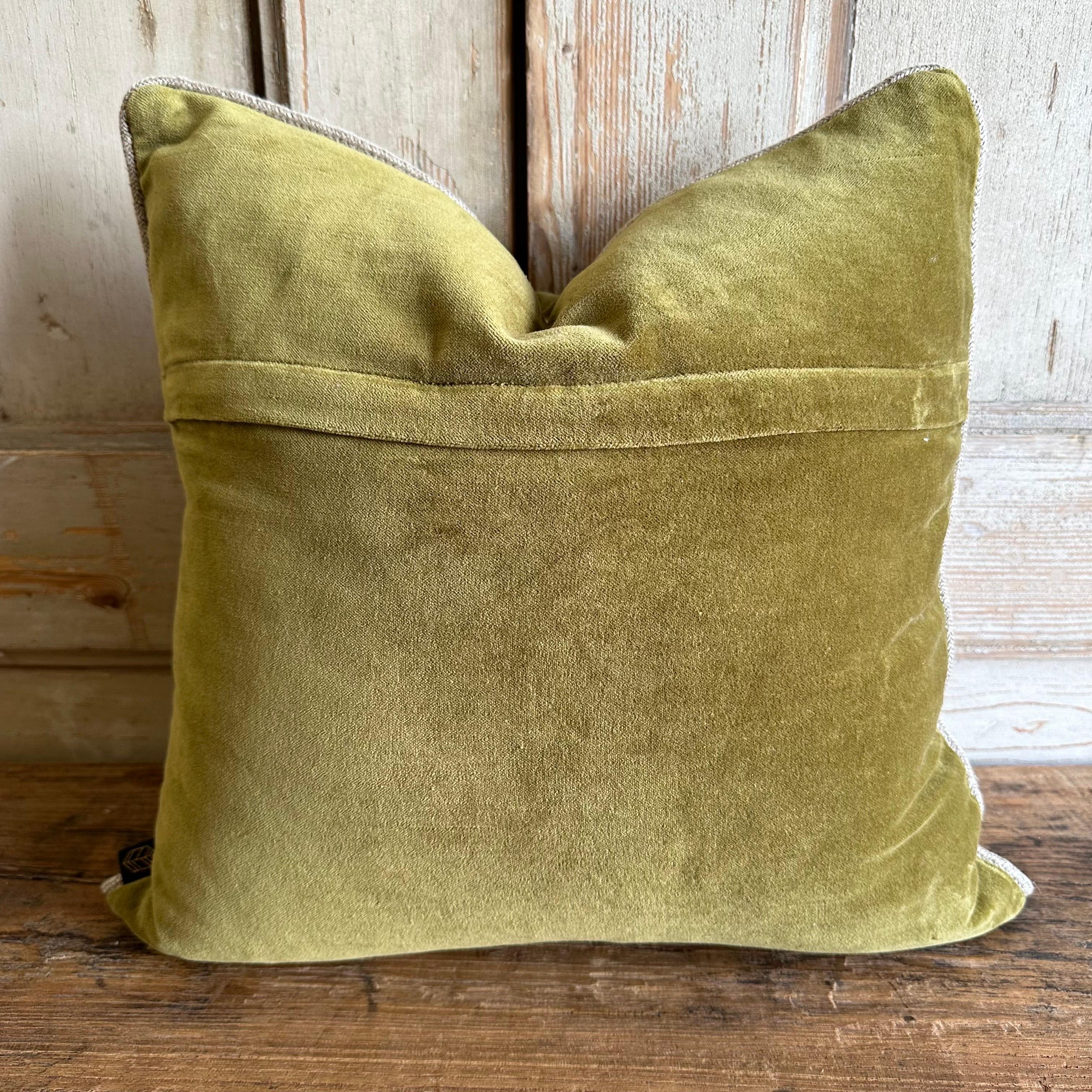 French Cotton Velvet Lumbar Pillow in Olive with Jute Trim For Sale 1