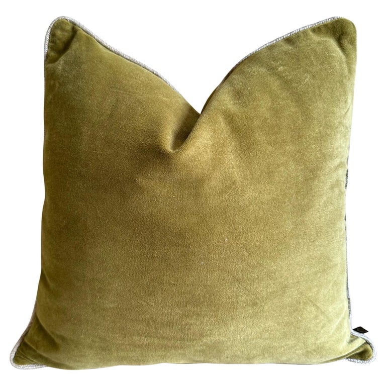 French Cotton Velvet Lumbar Pillow in Olive with Jute Trim For Sale at