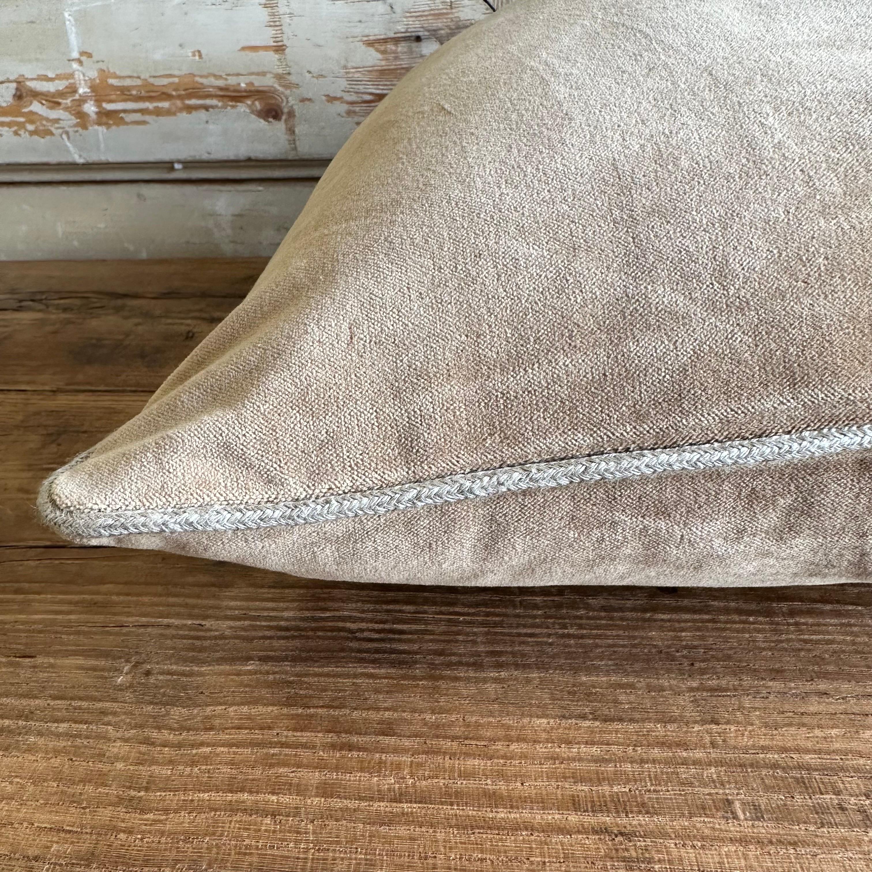 French Cotton Velvet Lumbar Pillow in Tabac with Jute Trim In New Condition For Sale In Brea, CA