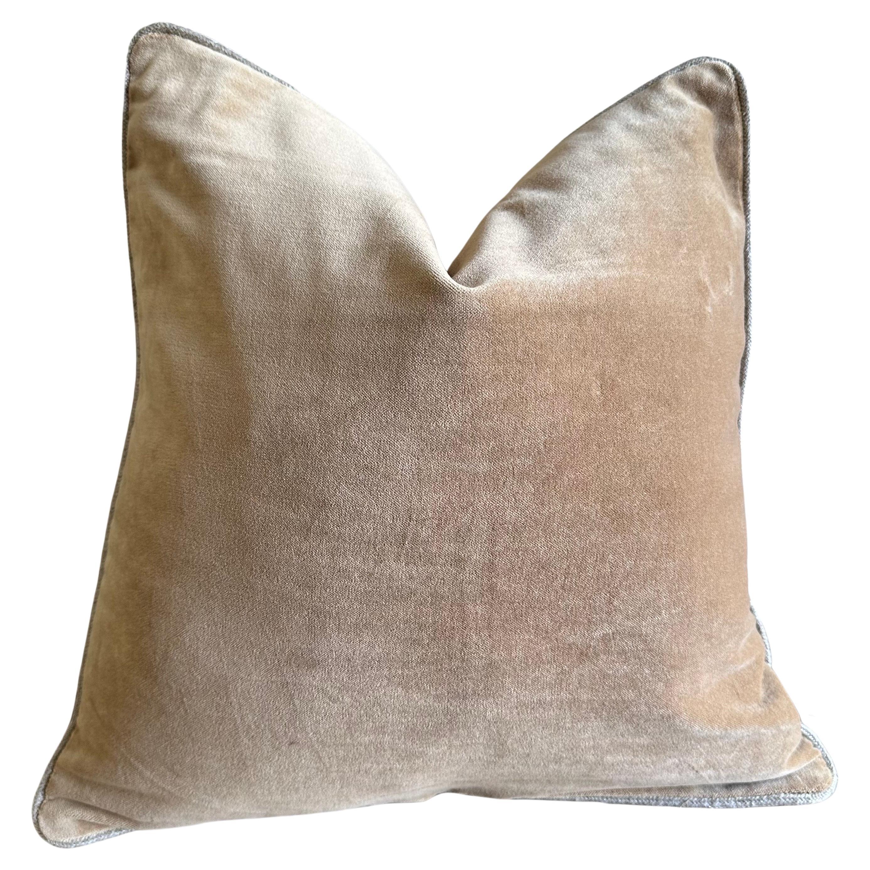French Cotton Velvet Lumbar Pillow in Tabac with Jute Trim For Sale
