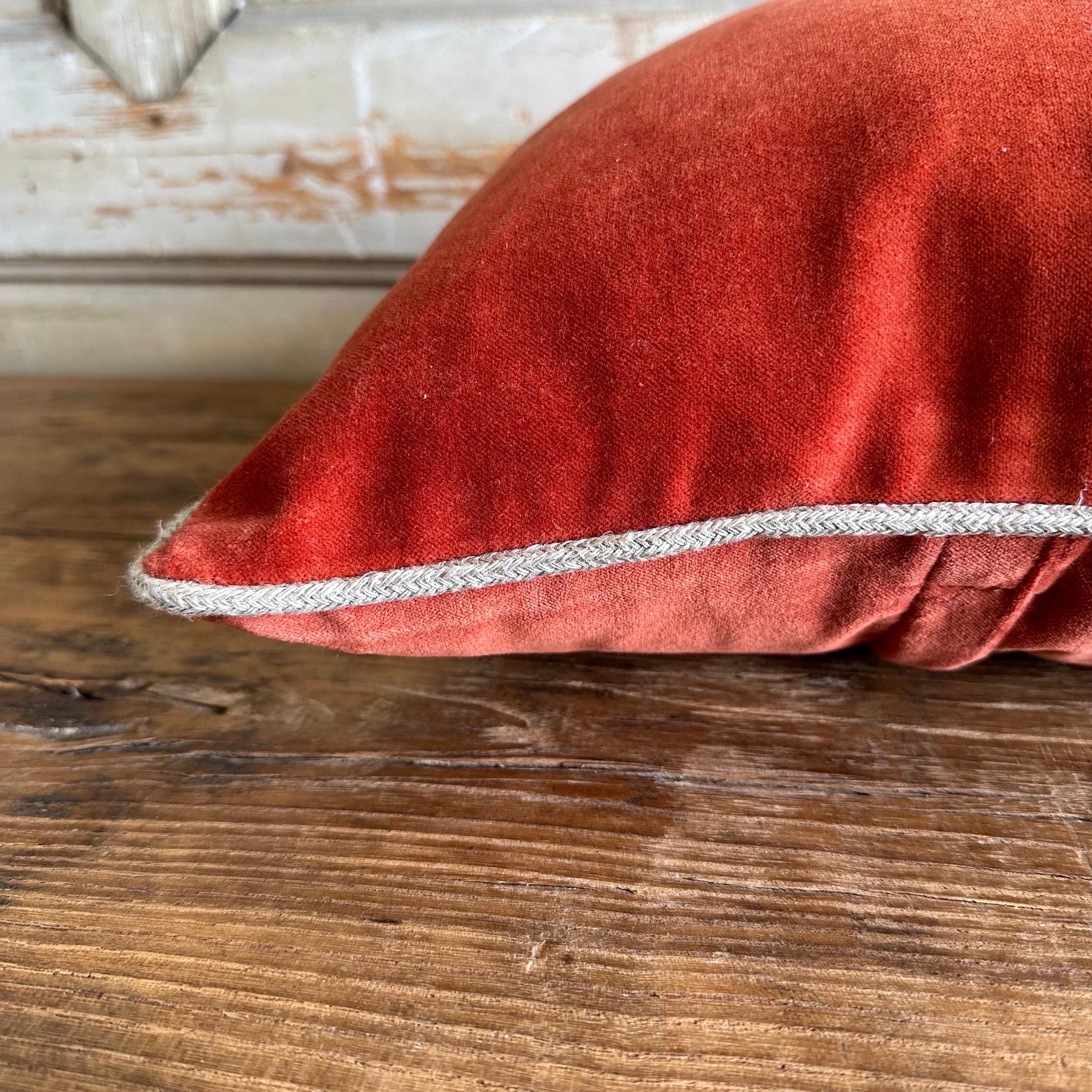 French cotton velvet lumbar pillow with jute trim. Zipper closure, 90/10 down feather insert pillow is included.
Size: 16x24
Color: brick: a deep rich brick red color
100% cotton velvet
Linen bourdon finish
Maintenance

Hand wash
No bleach