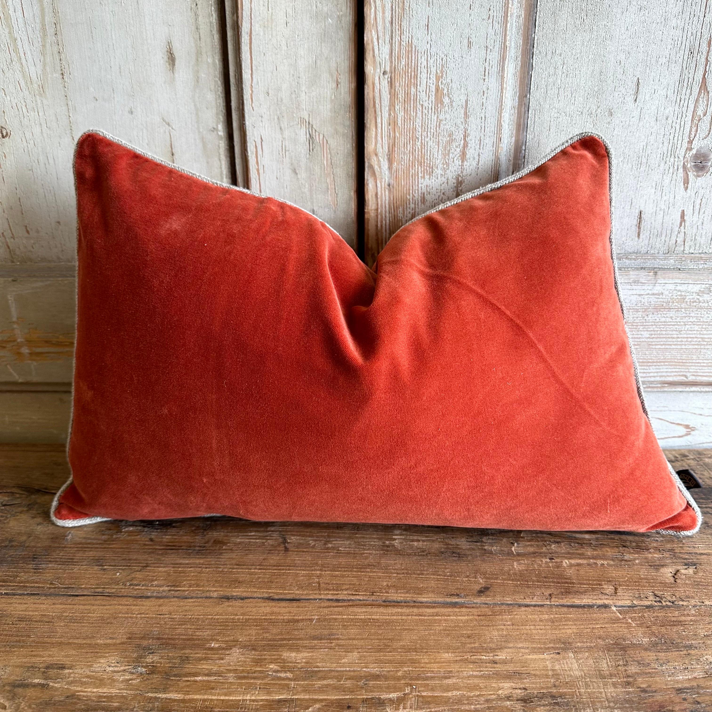 Contemporary French Cotton Velvet Lumbar Pillow with Jute Trim For Sale