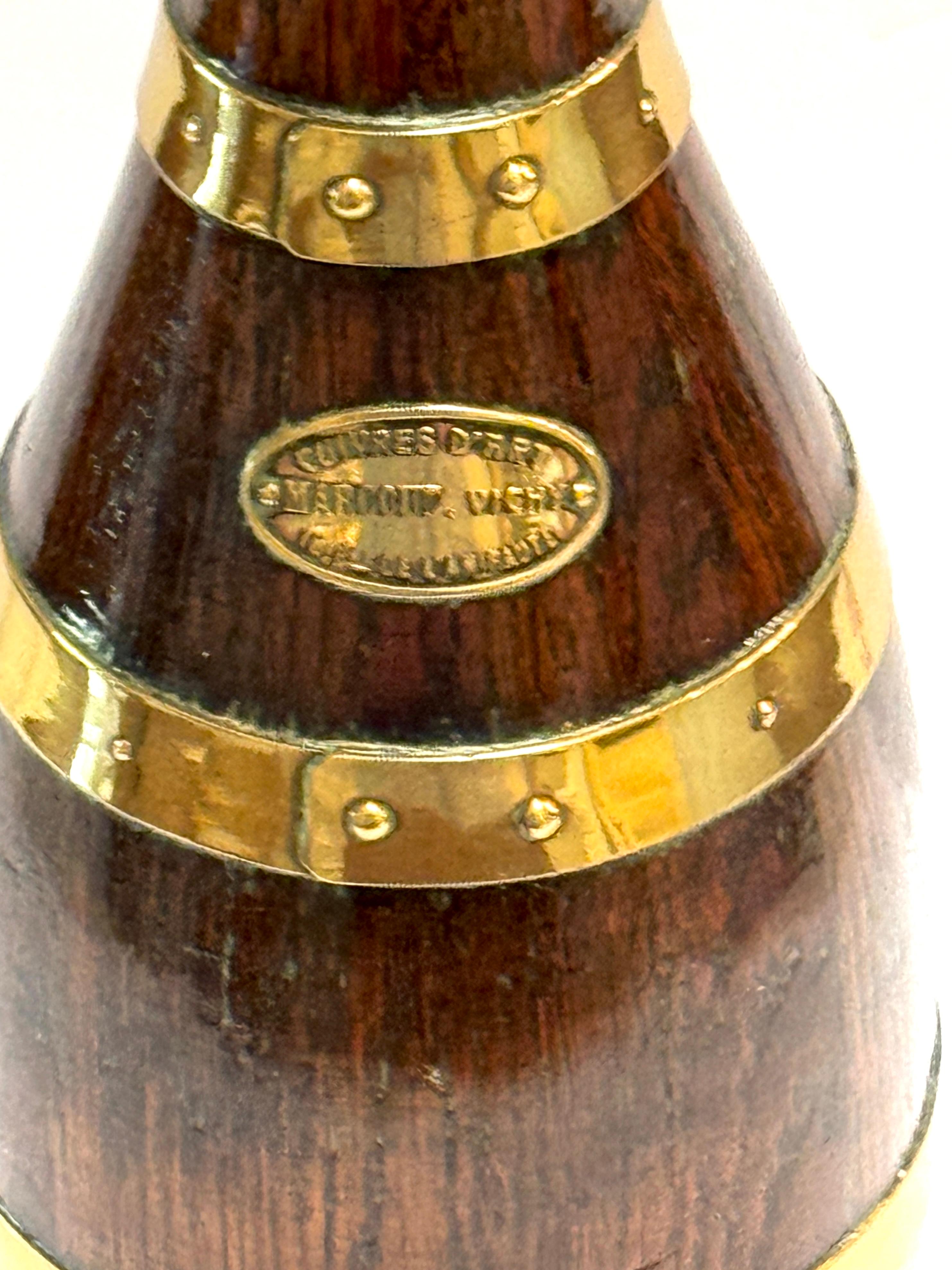 Polished French Counes Derby Marquot Vichy Brass-Bound Walnut Bottle Form Box For Sale