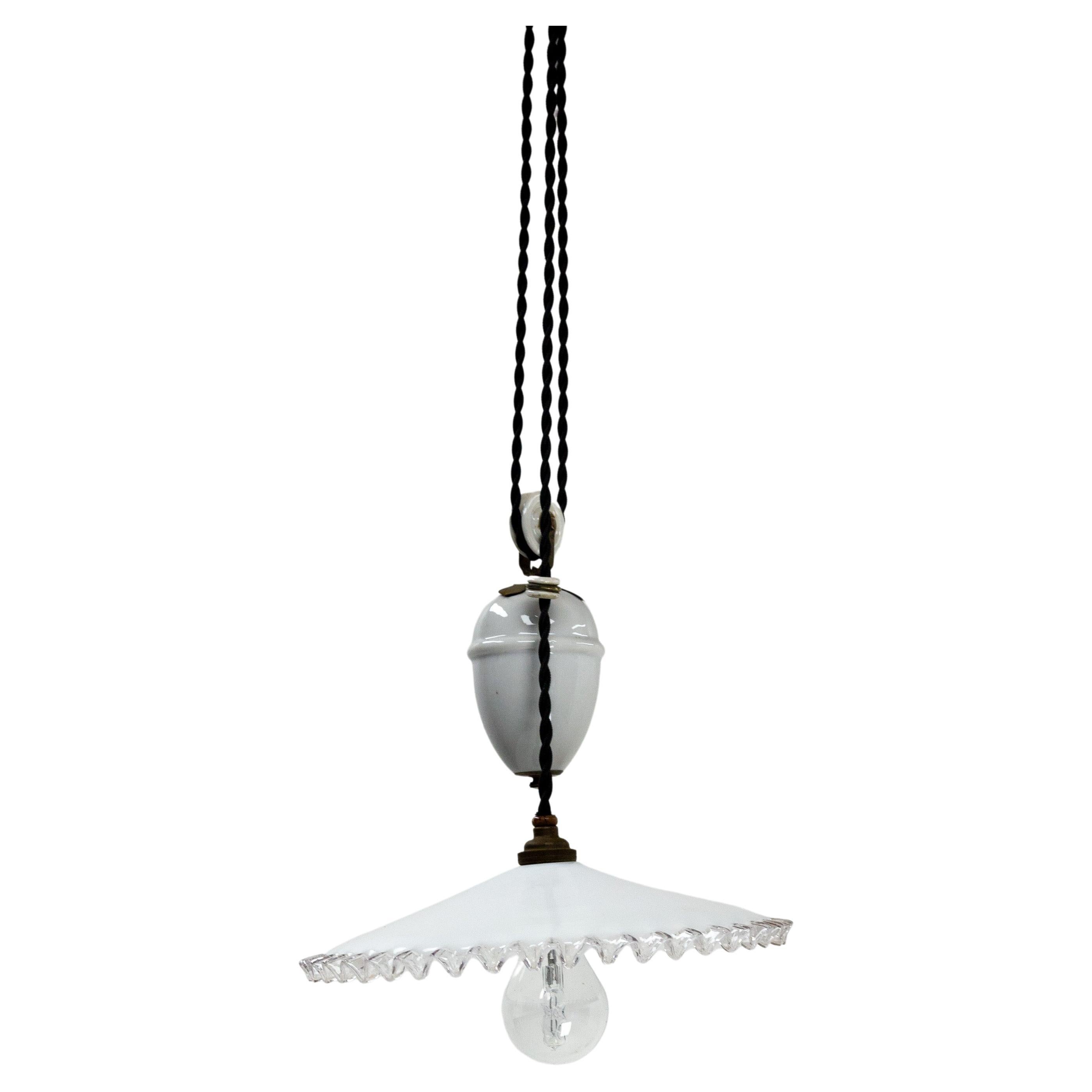French Counter Weight Chandelier Lustre Glass Ceiling Pendant, circa 1900 For Sale