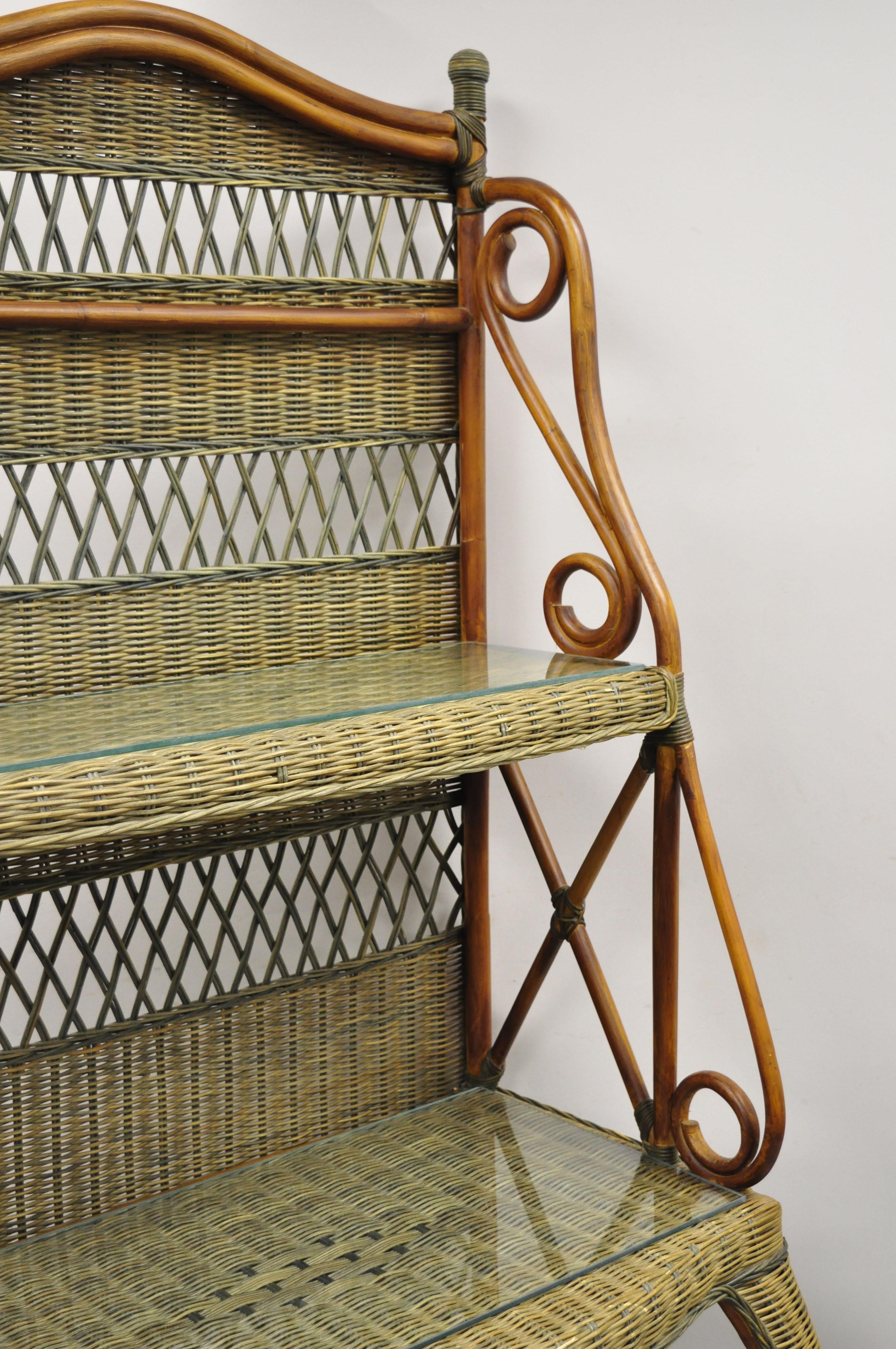 French Country 3 Tier Wicker Rattan Wrapped Frame Kitchen Bakers Rack Stand In Good Condition In Philadelphia, PA