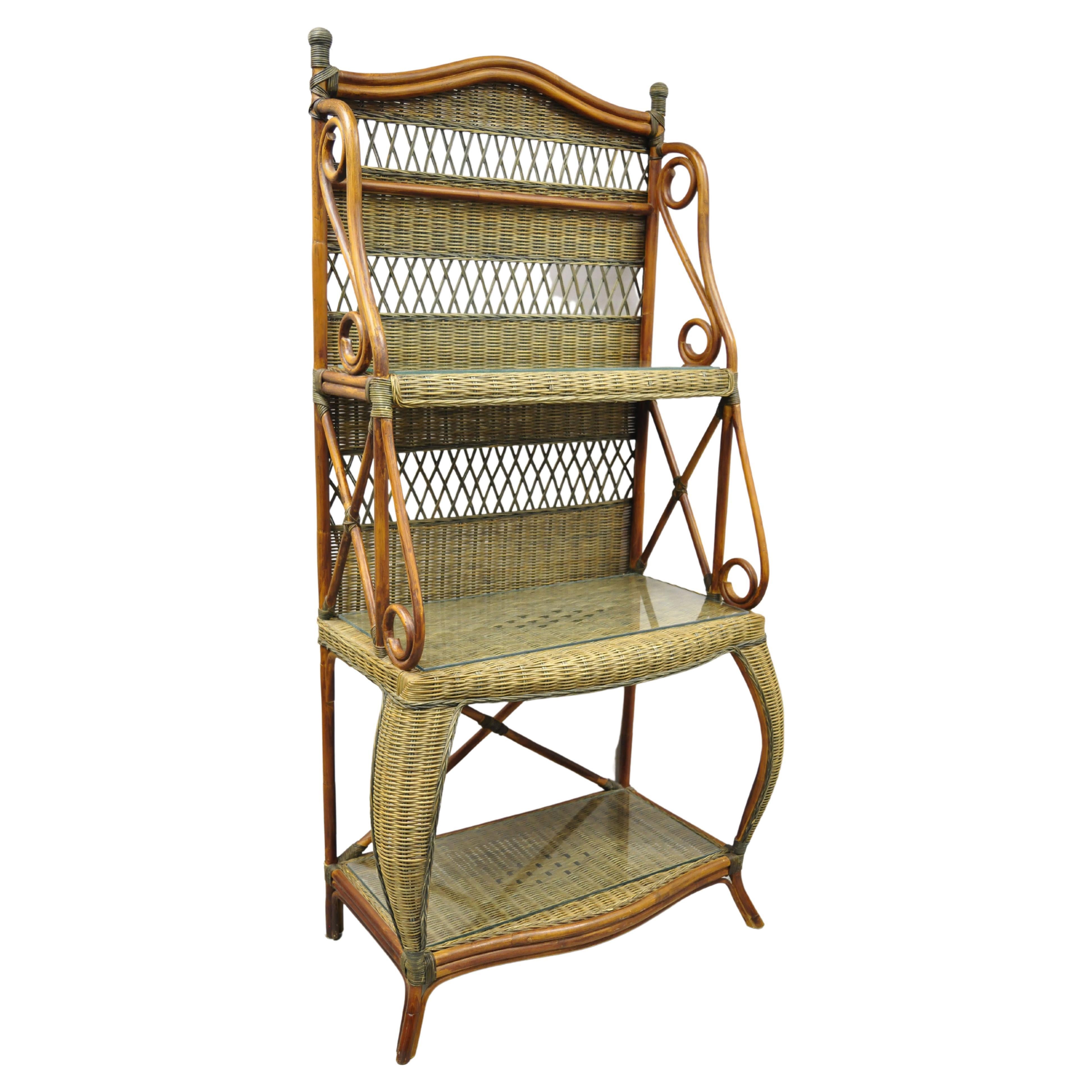 French Country 3 Tier Wicker Rattan Wrapped Frame Kitchen Bakers Rack Stand