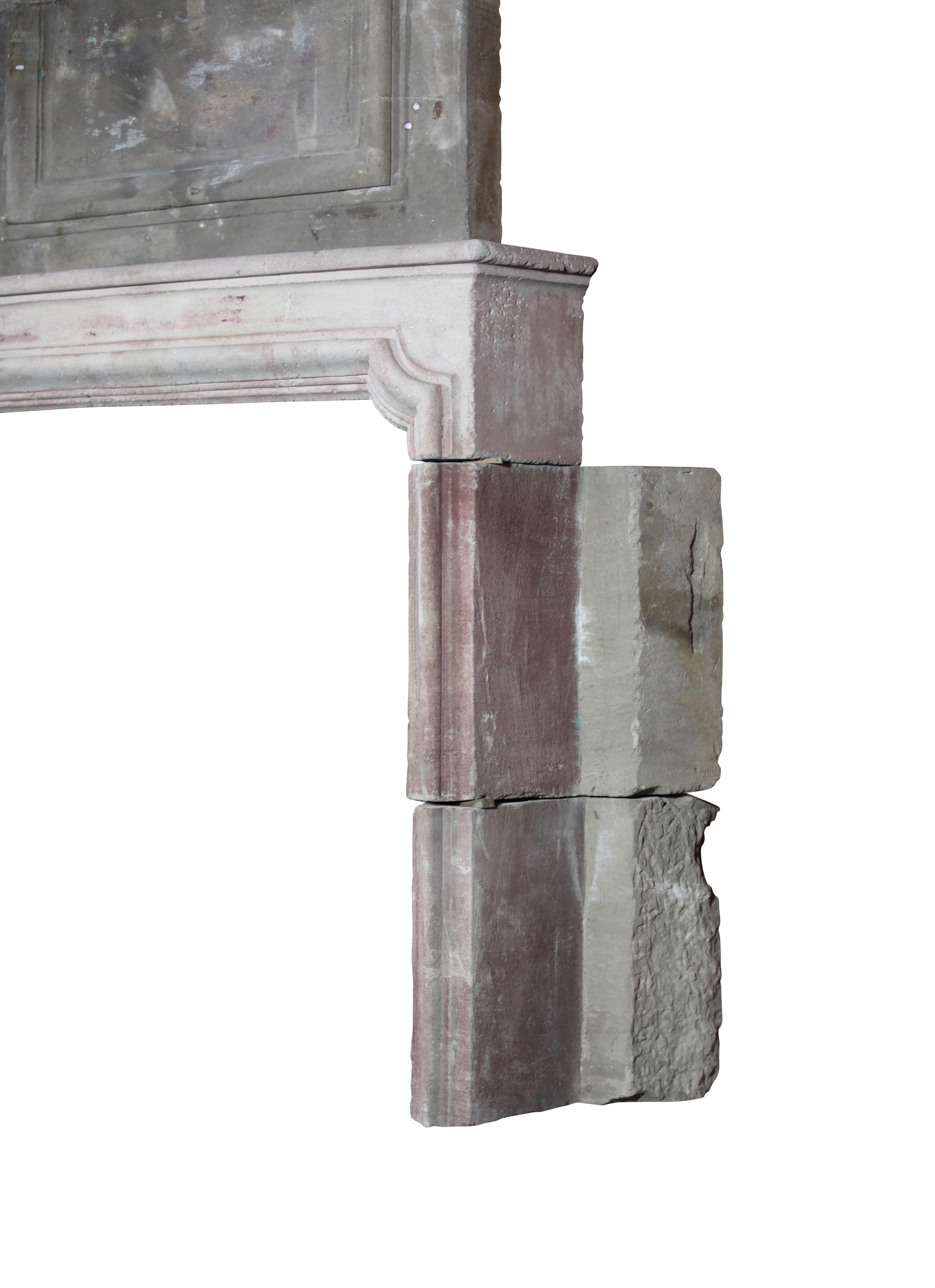 Hand-Carved French Country Antique Fireplace Mantle in Limestone with Upper Mantle For Sale