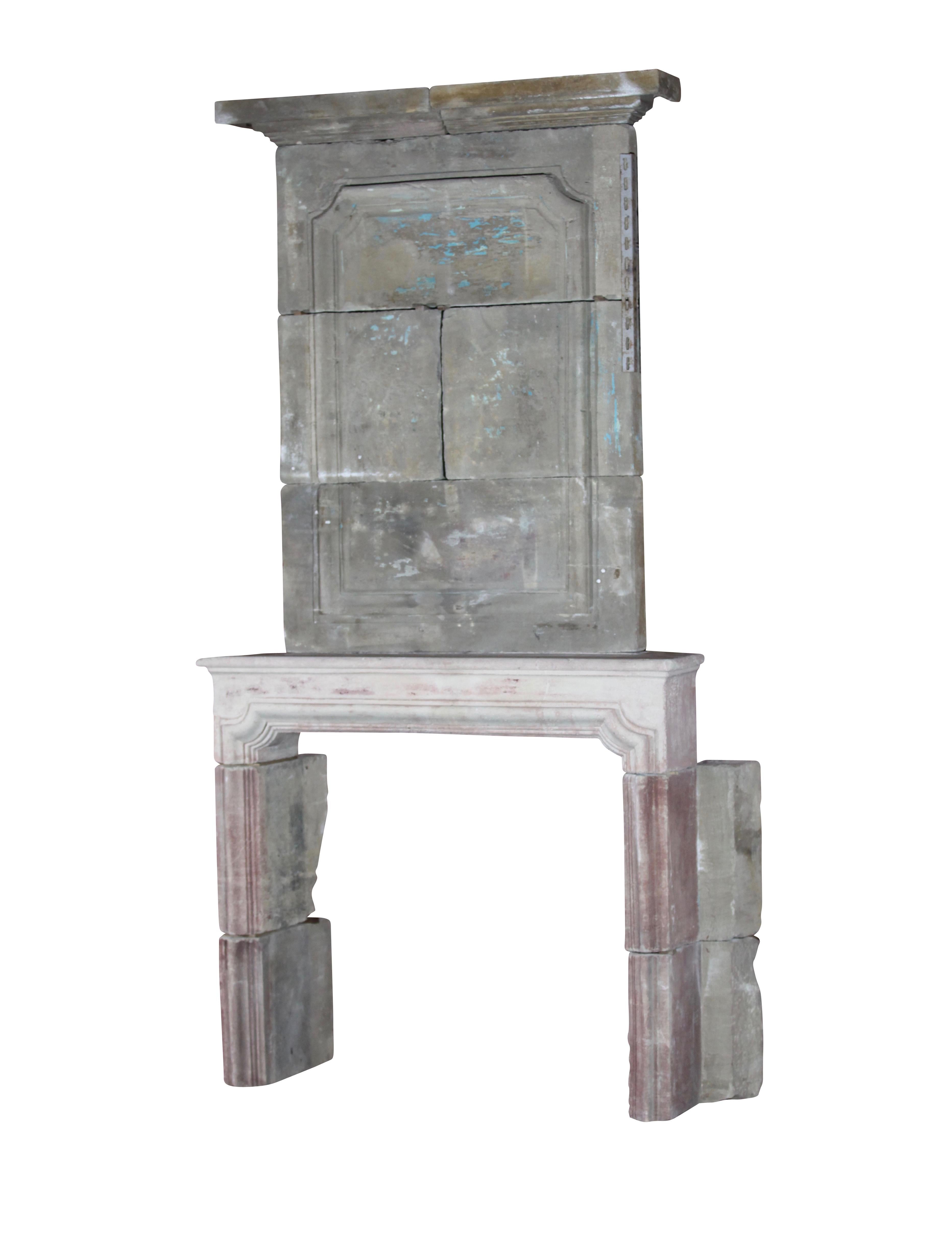 18th Century and Earlier French Country Antique Fireplace Mantle in Limestone with Upper Mantle For Sale